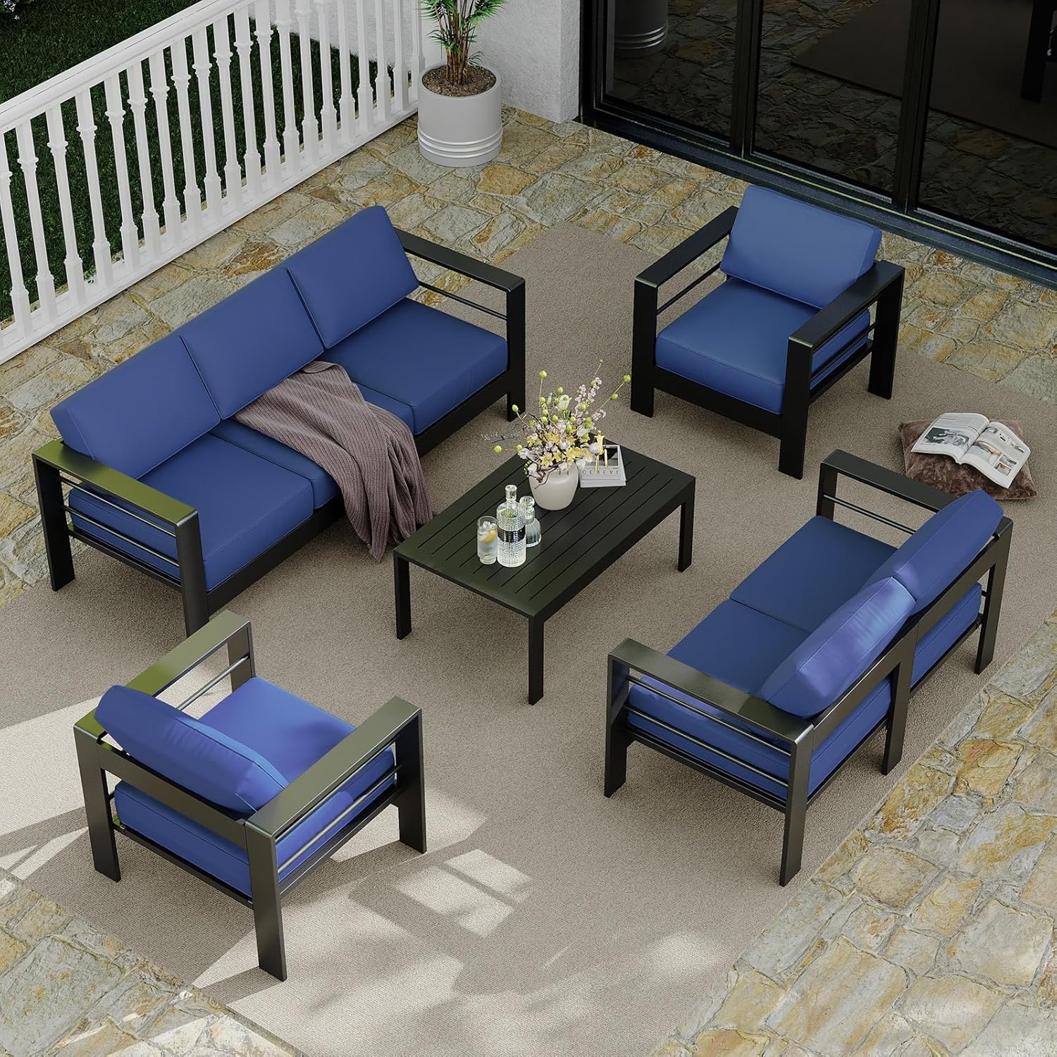 GarveeLife 7 Seats Aluminum Patio Furniture Set, 5 Pieces Outdoor Sectional Sofa Conversation Set Sectional Sofa with 4 in Armrest & 5 in Thick Cushions & Coffee Table，Blue