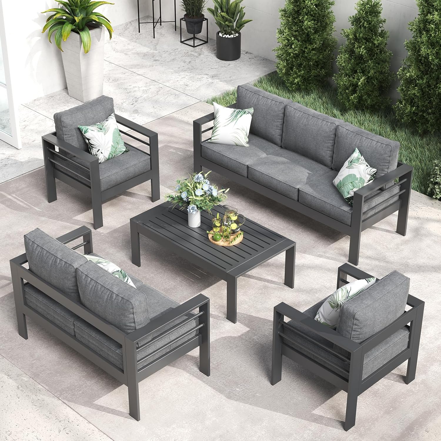 LayinSun Outdoor Aluminum Furniture Set, 5 Pieces Patio Sectional Conversation Chat Sofa Modern Seating Set with Coffee Table