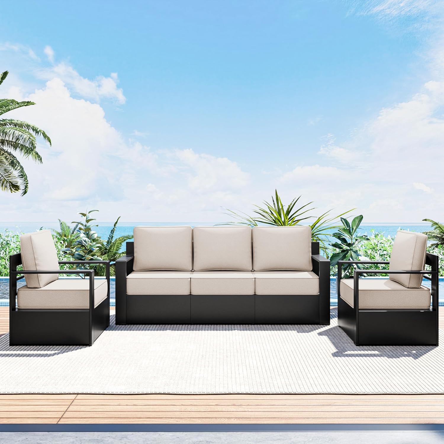 Outdoor Patio Furniture Aluminum Patio Chairs, All-Weather Metal Outdoor Chair with 6 Inch Thick Cushions, Deep Setting for Garden, Outside and Porch, Beige