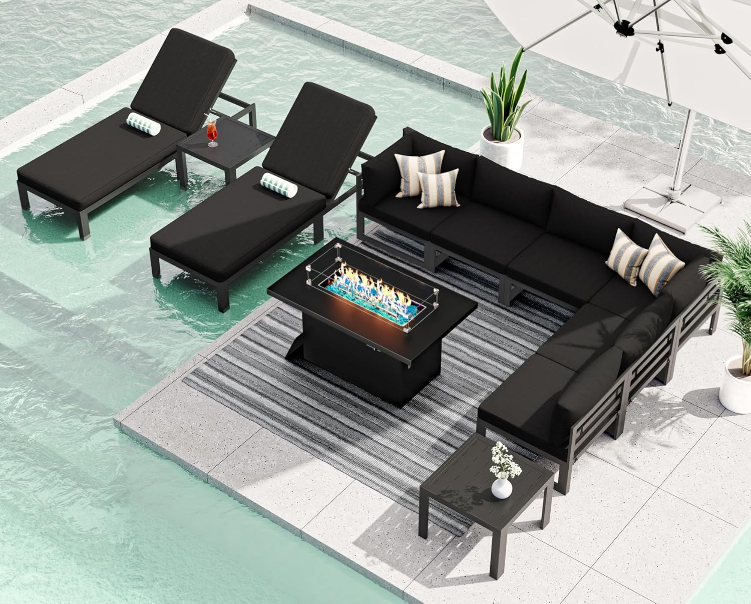 RADIATA 7 Piece Luxury Aluminum Outdoor Sectional Sofa with Fire Pit Table, Oversized L Shaped Patio Furniture Set, 29 inch Deep Wide Seating, 500 lbs Heavy Duty Comfy Conversation Set for Yard, White