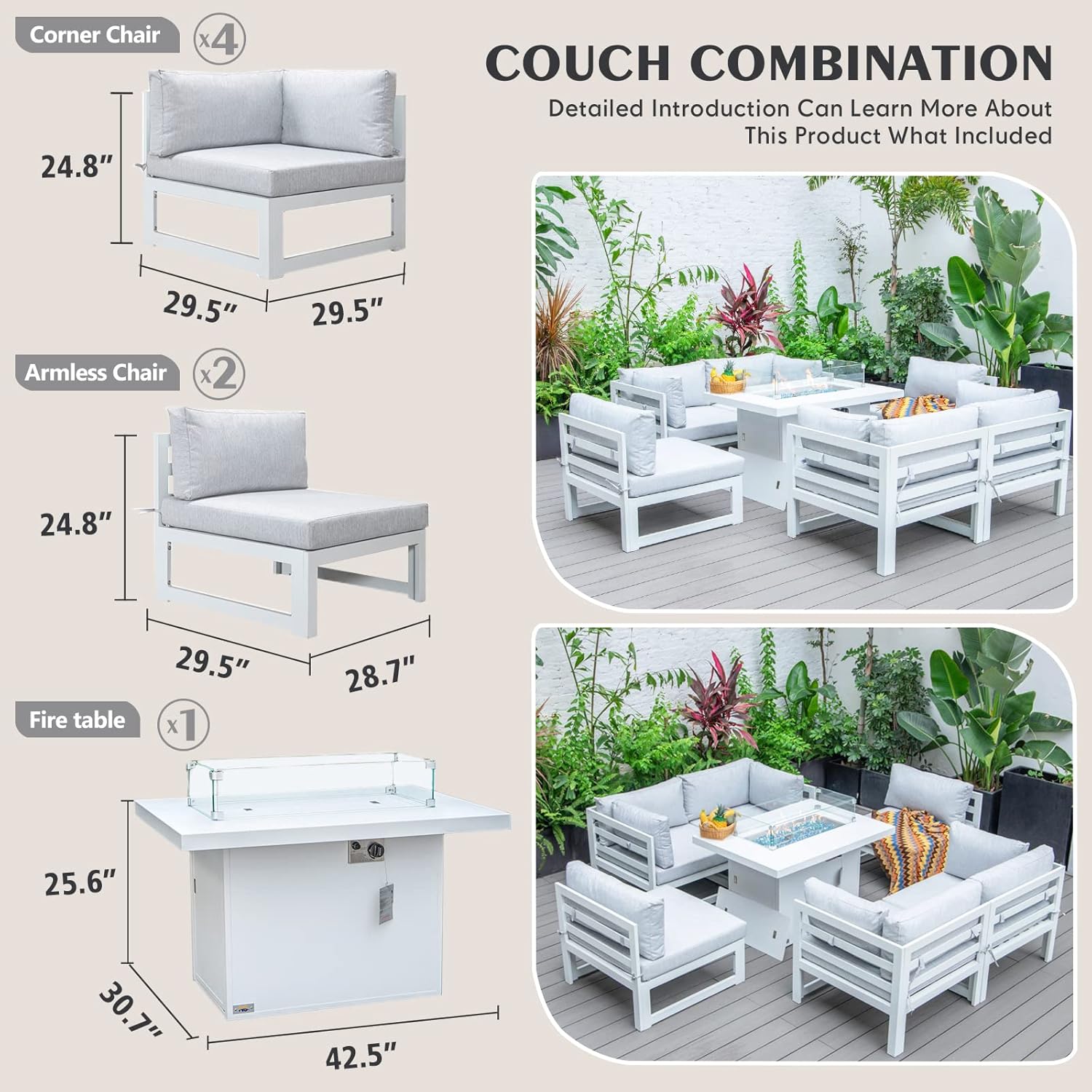 RADIATA 7 Piece Luxury Aluminum Outdoor Sectional Sofa with Fire Pit Table, Oversized L Shaped Patio Furniture Set, 29 inch Deep Wide Seating, 500 lbs Heavy Duty Comfy Conversation Set for Yard, White