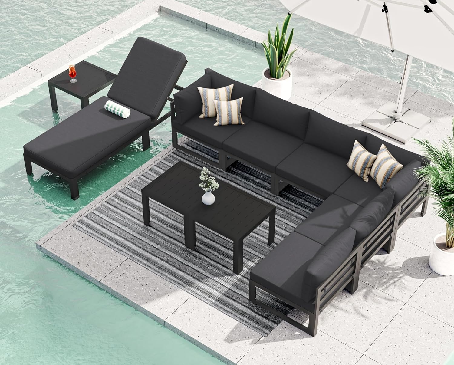 RADIATA 7 Piece Luxury Aluminum Outdoor Sectional Sofa with Fire Pit Table, Oversized L Shaped Patio Furniture Set, 29 inch Deep Wide Seating, 500 lbs Heavy Duty Comfy Conversation Set for Yard, White