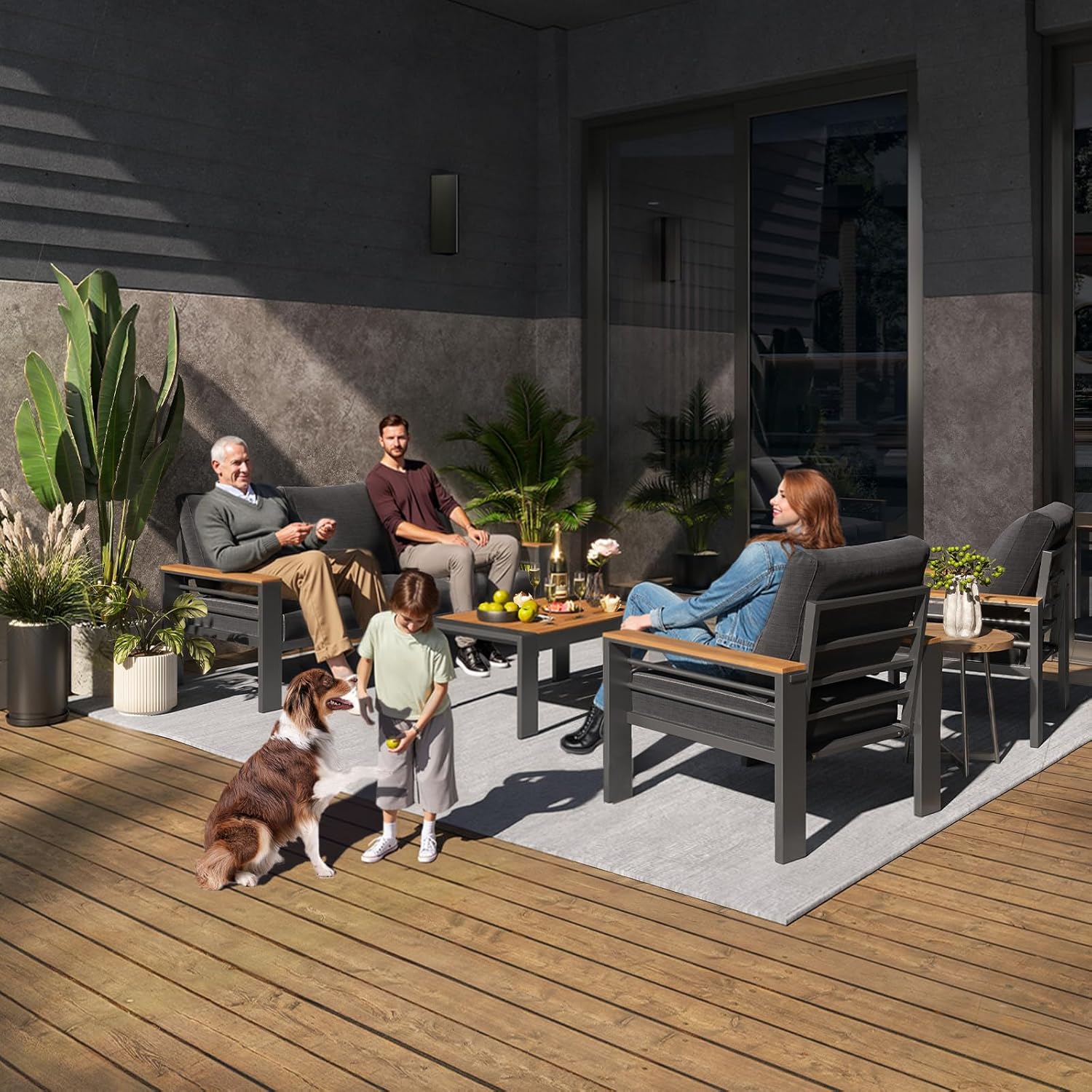 Aoxun Aluminum Outdoor Patio Furniture Set, 5 Seats Outdoor Sectional with Coffee Table, Patio Conversation Sets with Upgraded Armrests and Cushions for Backyard, Garden and Poolside