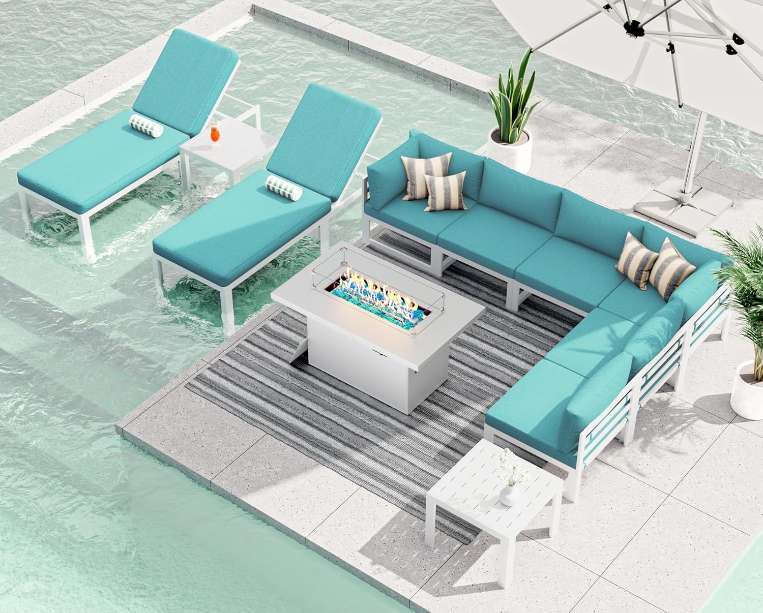 RADIATA 7 Piece Luxury Aluminum Outdoor Sectional Sofa with Fire Pit Table, Oversized L Shaped Patio Furniture Set, 29 inch Deep Wide Seating, 500 lbs Heavy Duty Comfy Conversation Set for Yard, White