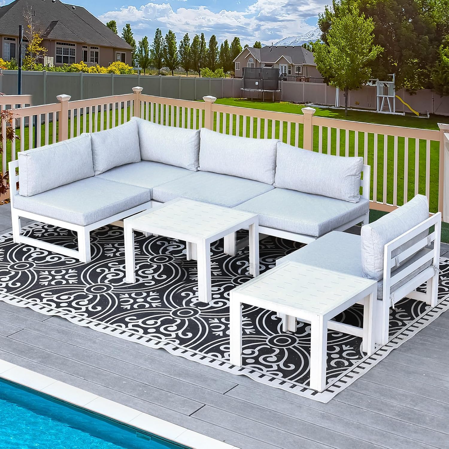 RADIATA 7 Piece Luxury Aluminum Outdoor Sectional Sofa with Fire Pit Table, Oversized L Shaped Patio Furniture Set, 29 inch Deep Wide Seating, 500 lbs Heavy Duty Comfy Conversation Set for Yard, White
