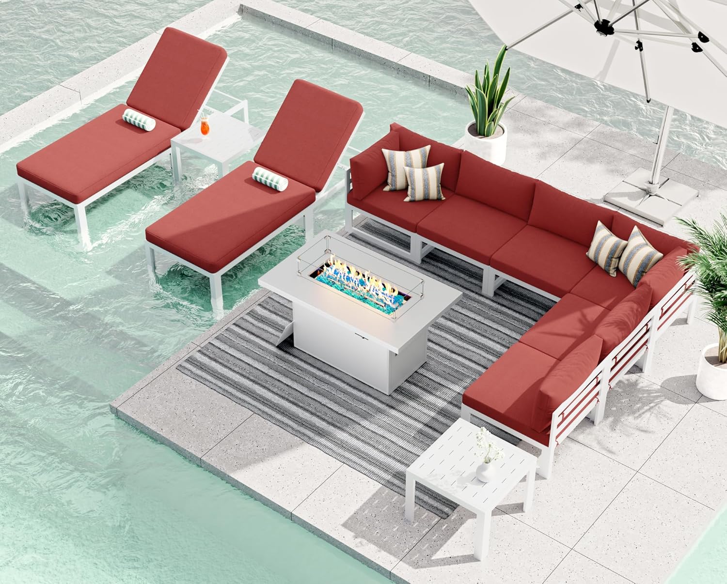 RADIATA 7 Piece Luxury Aluminum Outdoor Sectional Sofa with Fire Pit Table, Oversized L Shaped Patio Furniture Set, 29 inch Deep Wide Seating, 500 lbs Heavy Duty Comfy Conversation Set for Yard, White