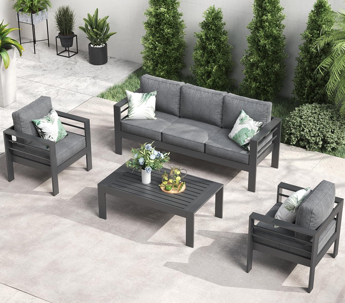 LayinSun Outdoor Aluminum Furniture Set, 5 Pieces Patio Sectional Conversation Chat Sofa Modern Seating Set with Coffee Table
