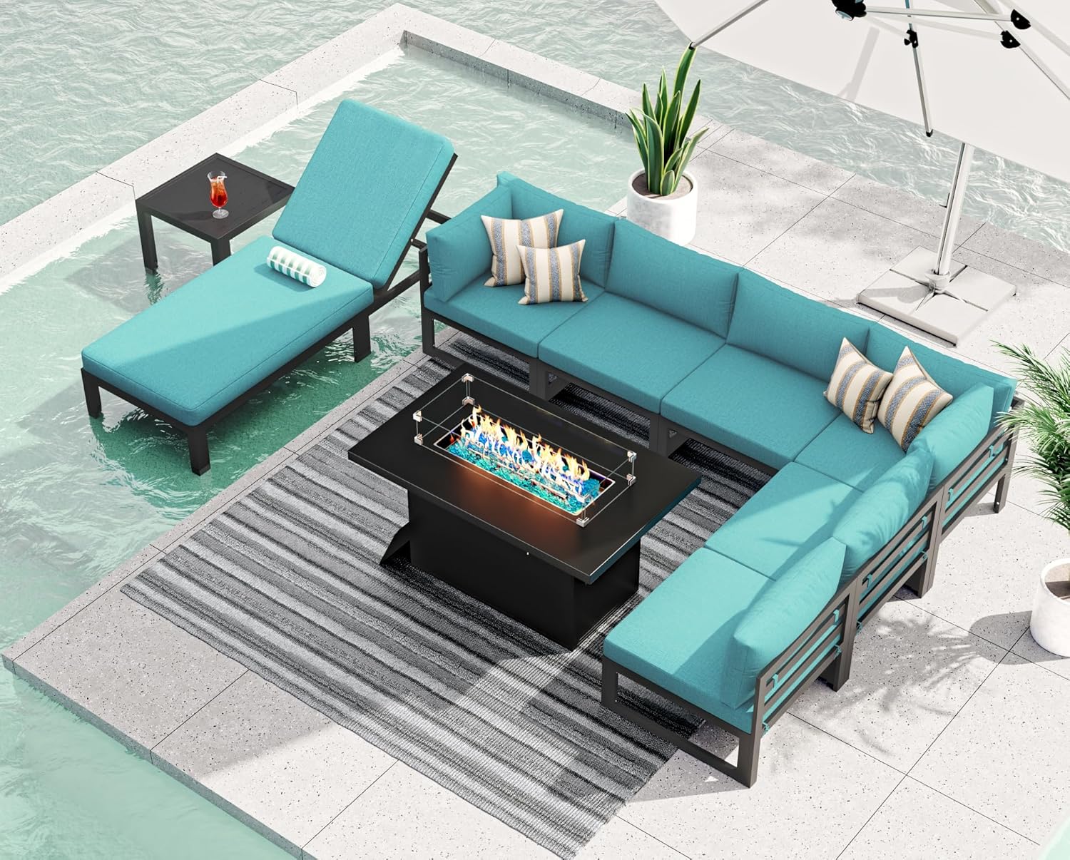 RADIATA 7 Piece Luxury Aluminum Outdoor Sectional Sofa with Fire Pit Table, Oversized L Shaped Patio Furniture Set, 29 inch Deep Wide Seating, 500 lbs Heavy Duty Comfy Conversation Set for Yard, White
