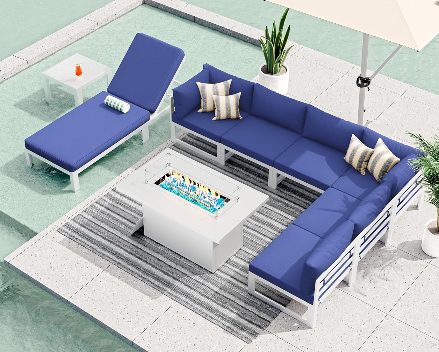 RADIATA 7 Piece Luxury Aluminum Outdoor Sectional Sofa with Fire Pit Table, Oversized L Shaped Patio Furniture Set, 29 inch Deep Wide Seating, 500 lbs Heavy Duty Comfy Conversation Set for Yard, White