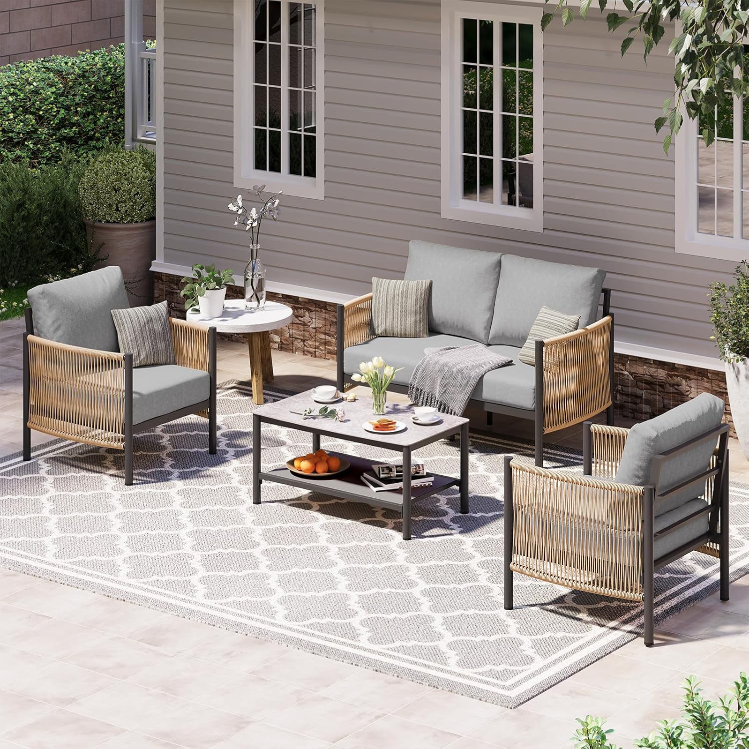 Aluminum Outdoor Patio Furniture Set, HDPE Rope 5 Piece Modern Sectional Conversation Sets with Dual-Layer Coffee Table, All Weather Patio Couch Sofa with Thick Cushions, Silver Frame, Beige