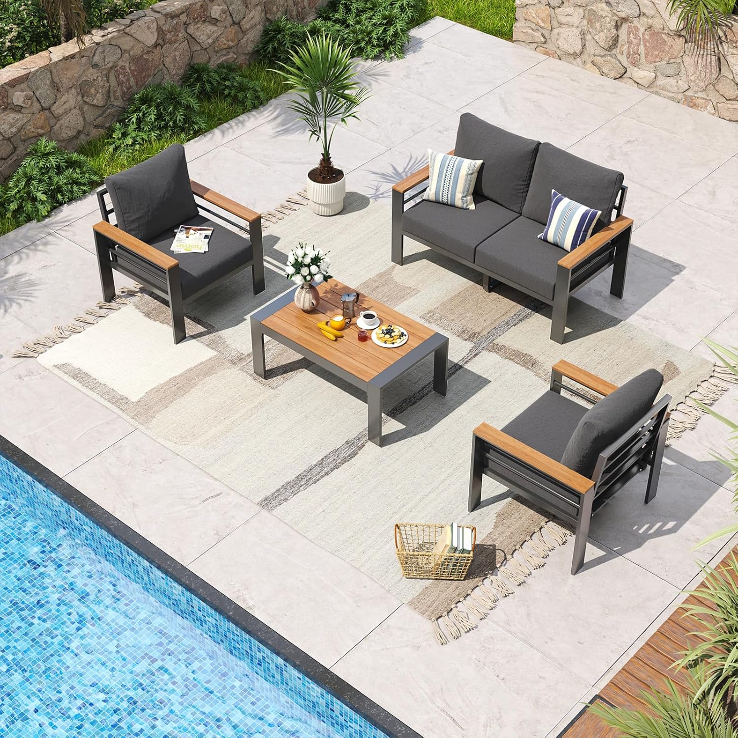 Aoxun Aluminum Patio Furniture Set 5 Seats, Oversized Outdoor Sectional with Washable Thick Cushions, Coffee Table, Patio Conversation Sets for Porch, Balcony, Deck