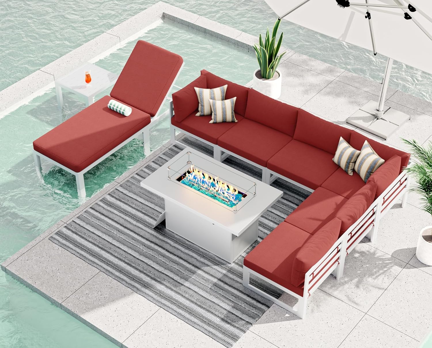 RADIATA 7 Piece Luxury Aluminum Outdoor Sectional Sofa with Fire Pit Table, Oversized L Shaped Patio Furniture Set, 29 inch Deep Wide Seating, 500 lbs Heavy Duty Comfy Conversation Set for Yard, White