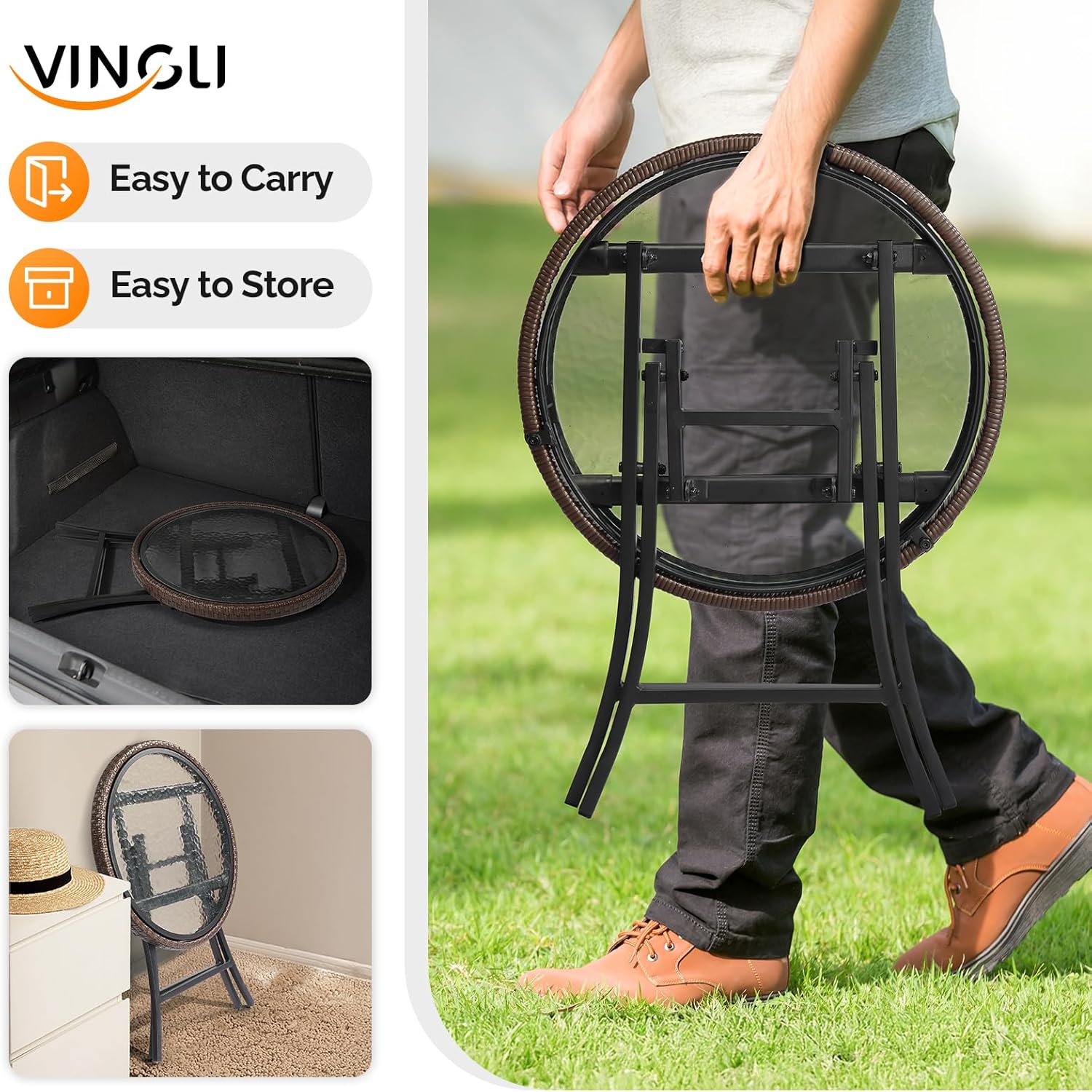 VINGLI Modern Brown Rattan Folding Glass Outdoor Side Table, Small Patio Table with Tempered Glass Top, Round, 1 Pack