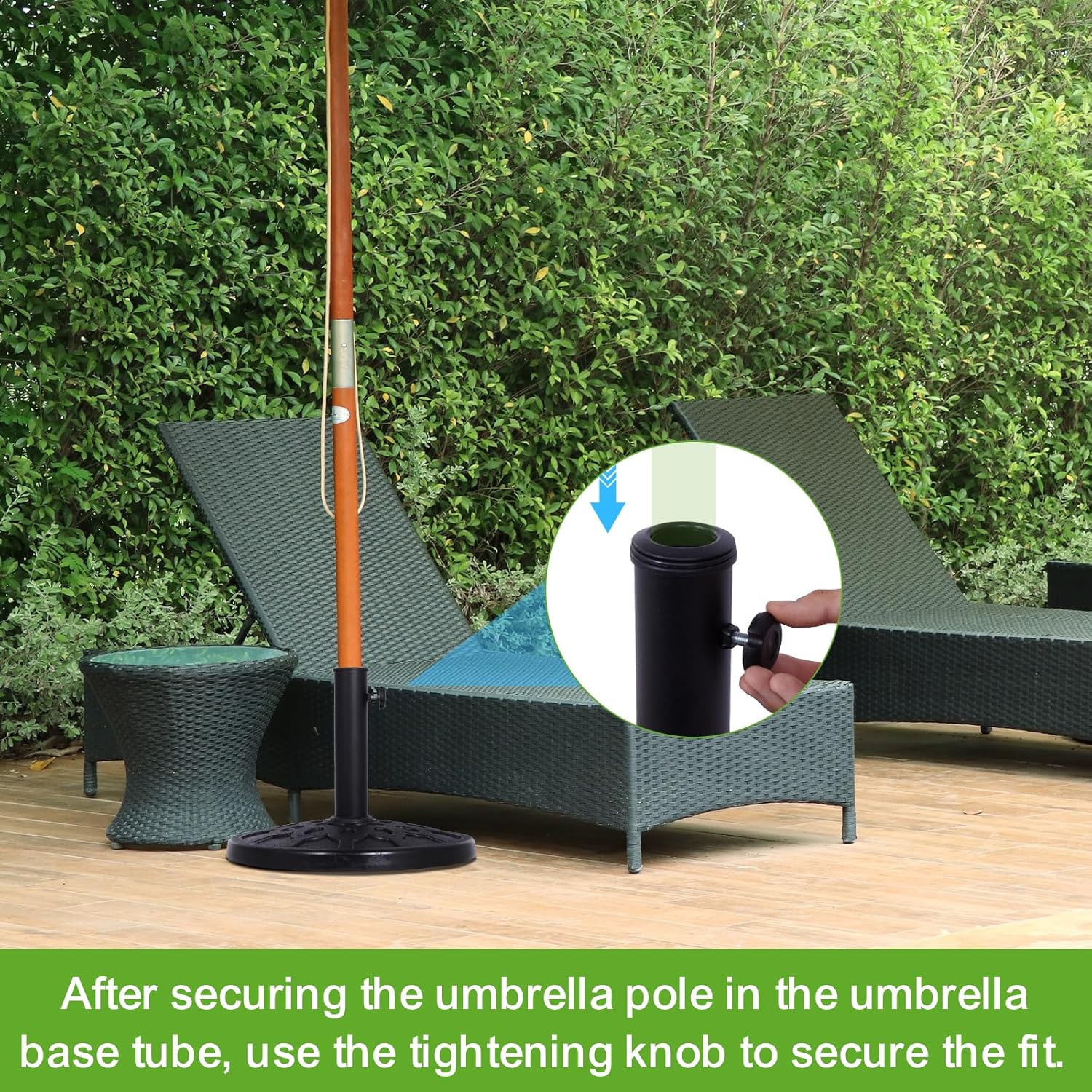 Backyard Expressions Round Patio Umbrella Base – Heavy Duty Resin-Coated Calcium Carbonate Stand with Adjustable Pole Adapters Fits 1.5"–2" Poles, Weather-Resistant