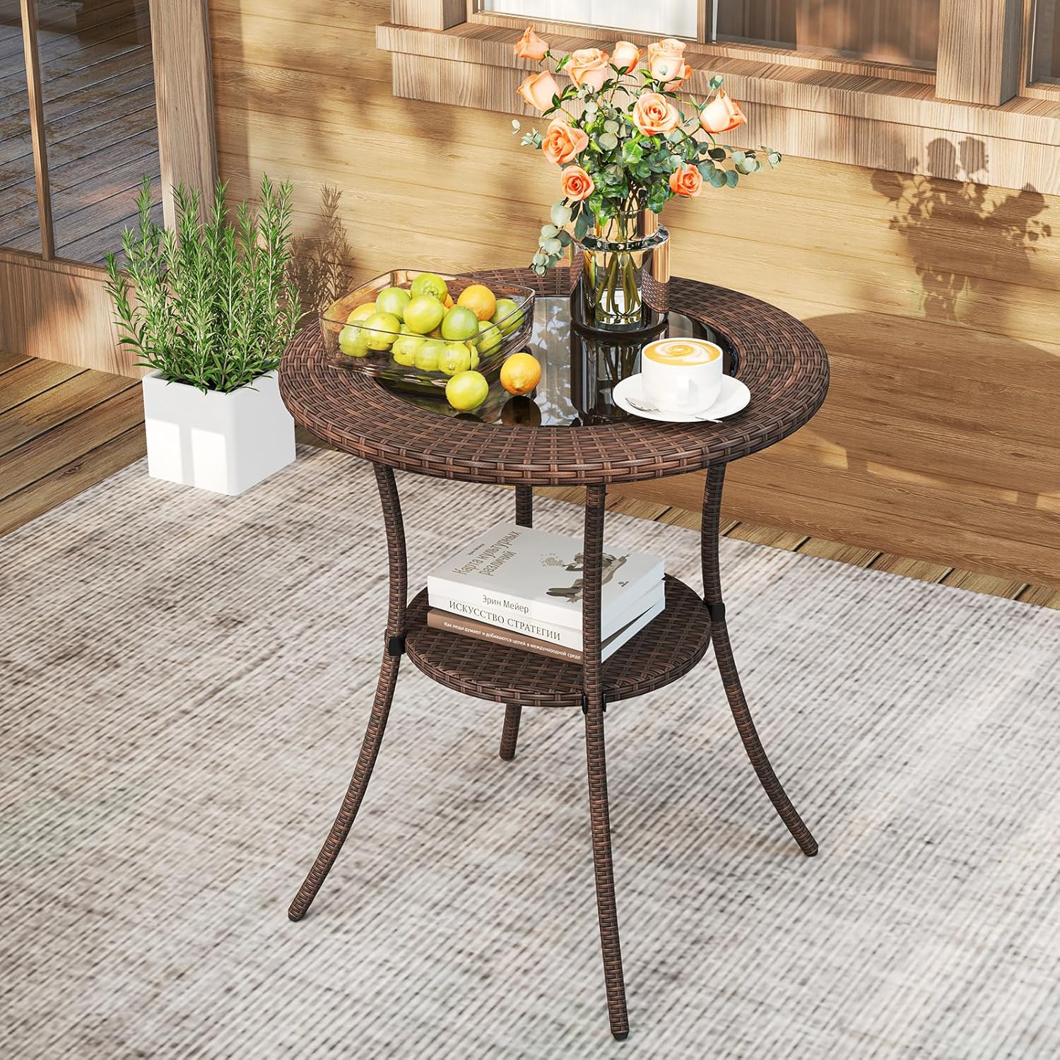 Tangkula 25.5" Wicker Patio Dining Table, Outdoor Round Bistro Side Table with Tempered Glass Top and Storage Shelf, for Balcony, Garden and Backyard