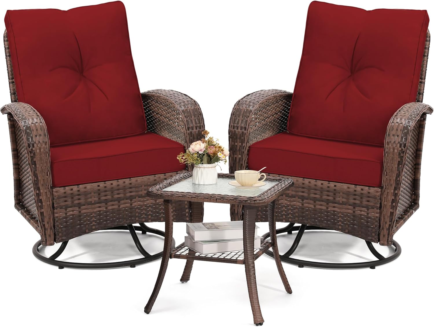 Luxury Outdoor Swivel Wicker Glider Patio Chairs with Table Set, Overstuffed Washable Cushions, Ideal for Porch, Balcony, Deck, Brown Rattan and Beige Cushion