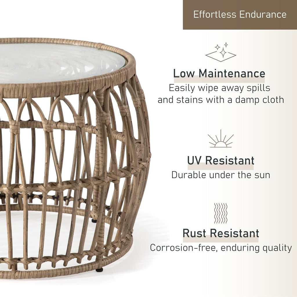 Furniture of America Ysar Boho Rattan Round Coffee Table Outdoor with 5mm Tempered Glass Top, All-Weather and Rust Resistant Patio Furniture