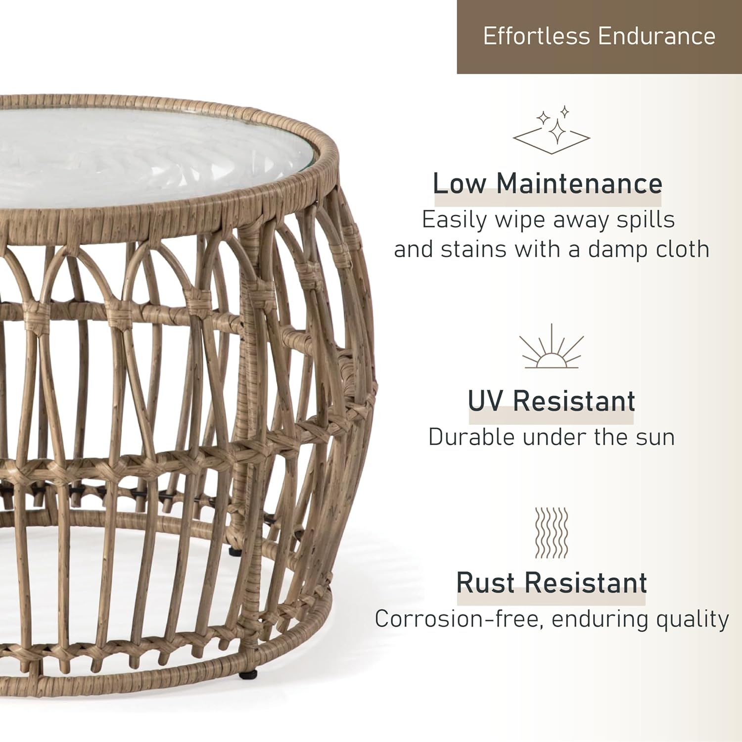 Furniture of America Ysar Boho Rattan Round Coffee Table Outdoor with 5mm Tempered Glass Top, All-Weather and Rust Resistant Patio Furniture