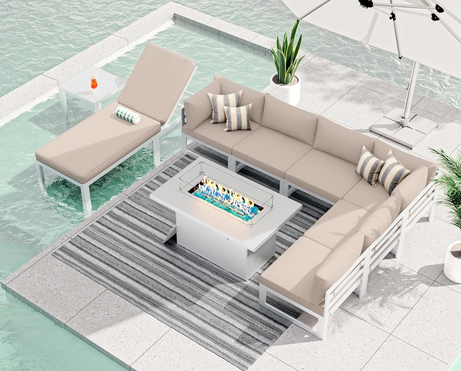 RADIATA 7 Piece Luxury Aluminum Outdoor Sectional Sofa with Fire Pit Table, Oversized L Shaped Patio Furniture Set, 29 inch Deep Wide Seating, 500 lbs Heavy Duty Comfy Conversation Set for Yard, White