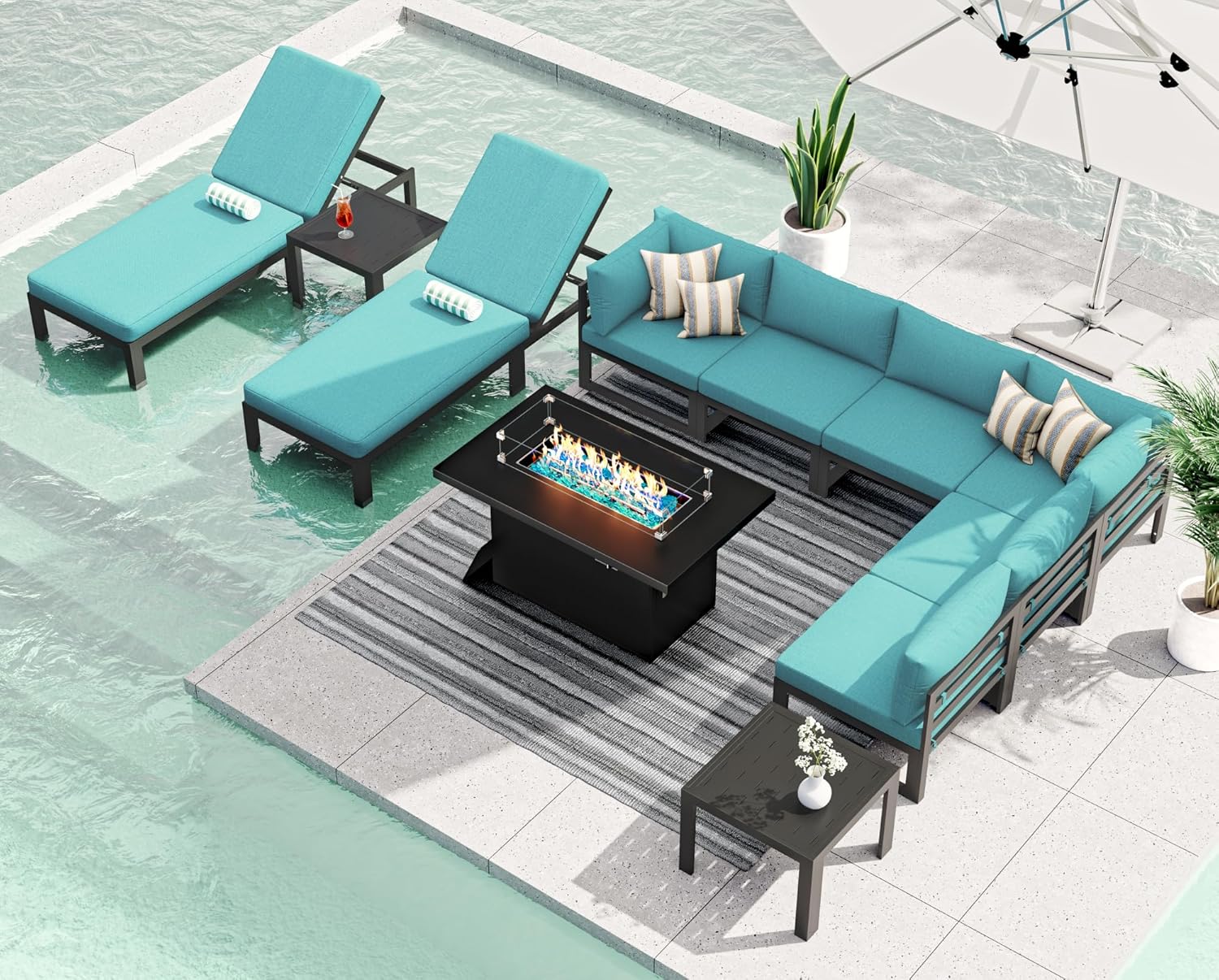 RADIATA 7 Piece Luxury Aluminum Outdoor Sectional Sofa with Fire Pit Table, Oversized L Shaped Patio Furniture Set, 29 inch Deep Wide Seating, 500 lbs Heavy Duty Comfy Conversation Set for Yard, White