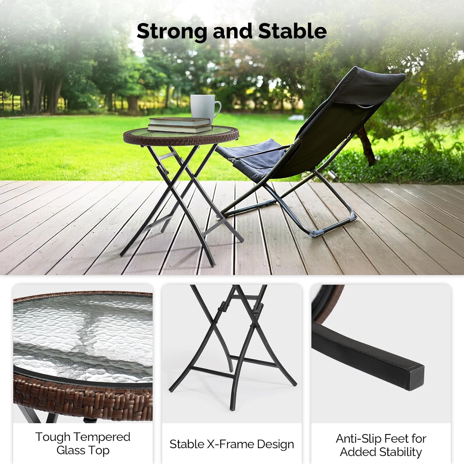 VINGLI Modern Brown Rattan Folding Glass Outdoor Side Table, Small Patio Table with Tempered Glass Top, Round, 1 Pack