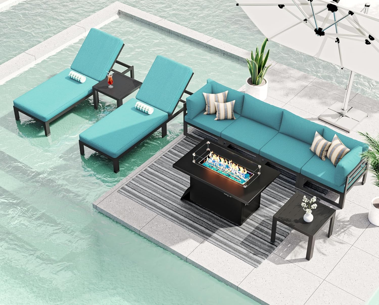 RADIATA 7 Piece Luxury Aluminum Outdoor Sectional Sofa with Fire Pit Table, Oversized L Shaped Patio Furniture Set, 29 inch Deep Wide Seating, 500 lbs Heavy Duty Comfy Conversation Set for Yard, White