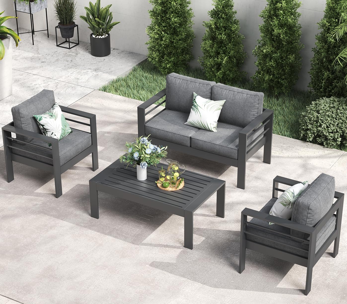 LayinSun Outdoor Aluminum Furniture Set, 5 Pieces Patio Sectional Conversation Chat Sofa Modern Seating Set with Coffee Table