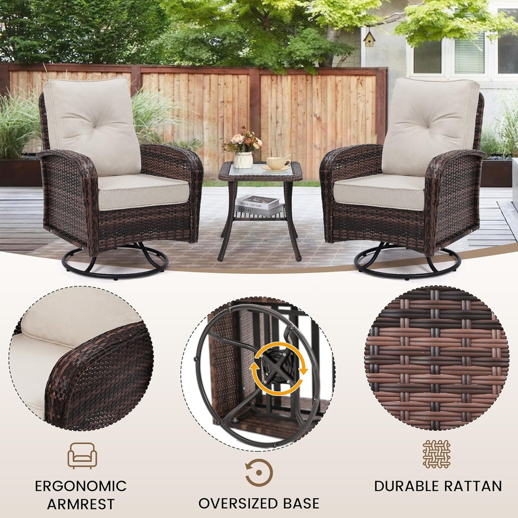 Luxury Outdoor Swivel Wicker Glider Patio Chairs with Table Set, Overstuffed Washable Cushions, Ideal for Porch, Balcony, Deck, Brown Rattan and Beige Cushion