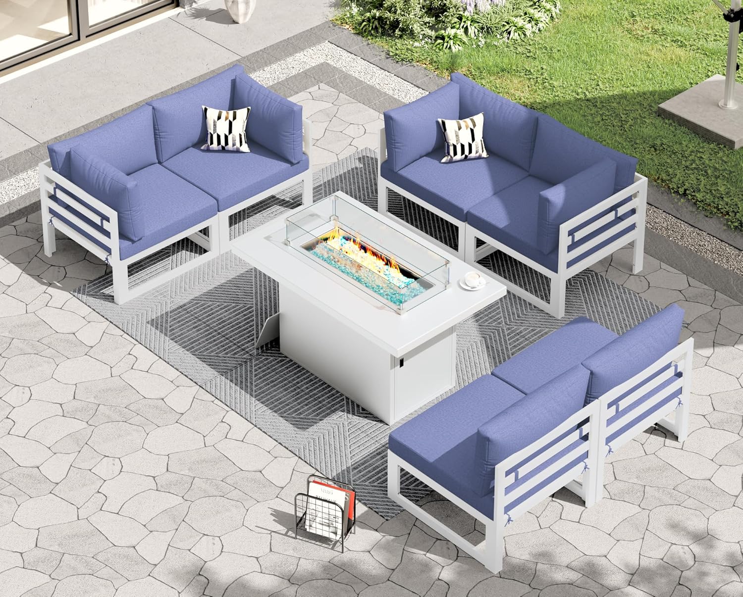 RADIATA 7 Piece Luxury Aluminum Outdoor Sectional Sofa with Fire Pit Table, Oversized L Shaped Patio Furniture Set, 29 inch Deep Wide Seating, 500 lbs Heavy Duty Comfy Conversation Set for Yard, White
