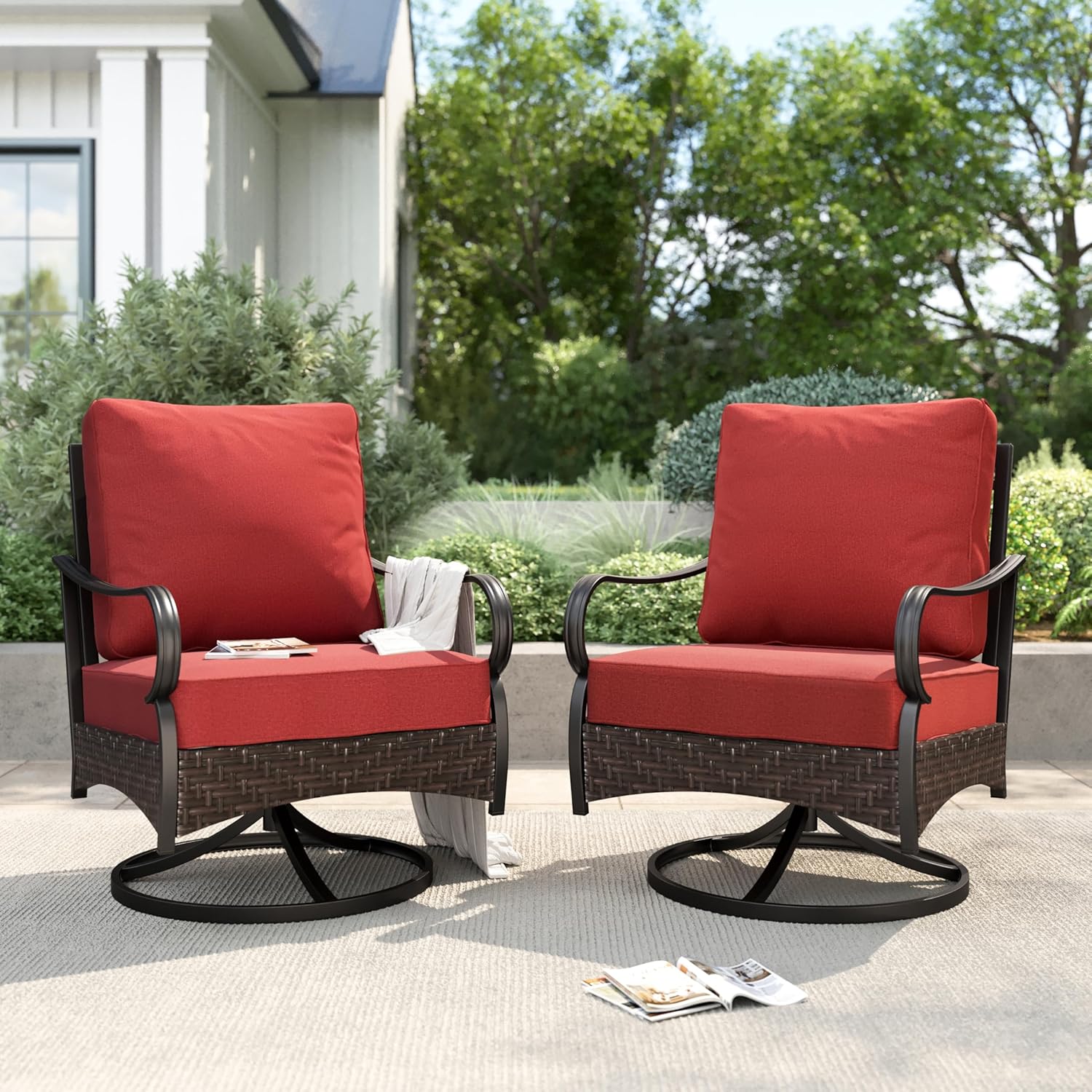 PHI VILLA Patio Rocking Chairs Set of 2, Outdoor Wicker Chairs with Thick Cushion, All Weather High Back Outdoor Furniture for Balcony Porch and Yard
