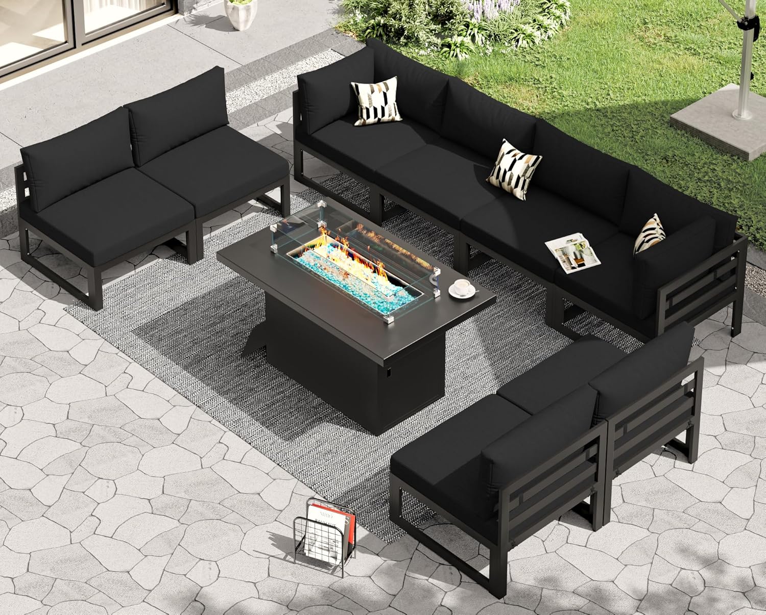 RADIATA 7 Piece Luxury Aluminum Outdoor Sectional Sofa with Fire Pit Table, Oversized L Shaped Patio Furniture Set, 29 inch Deep Wide Seating, 500 lbs Heavy Duty Comfy Conversation Set for Yard, White