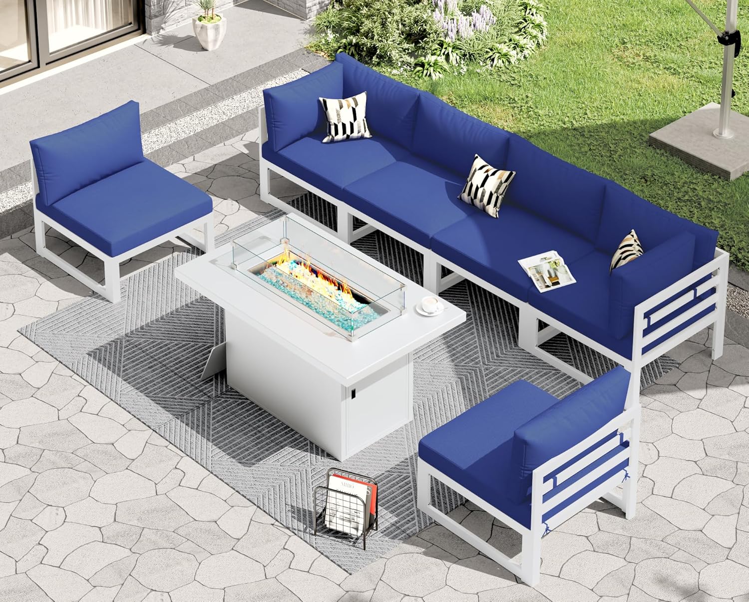 RADIATA 7 Piece Luxury Aluminum Outdoor Sectional Sofa with Fire Pit Table, Oversized L Shaped Patio Furniture Set, 29 inch Deep Wide Seating, 500 lbs Heavy Duty Comfy Conversation Set for Yard, White