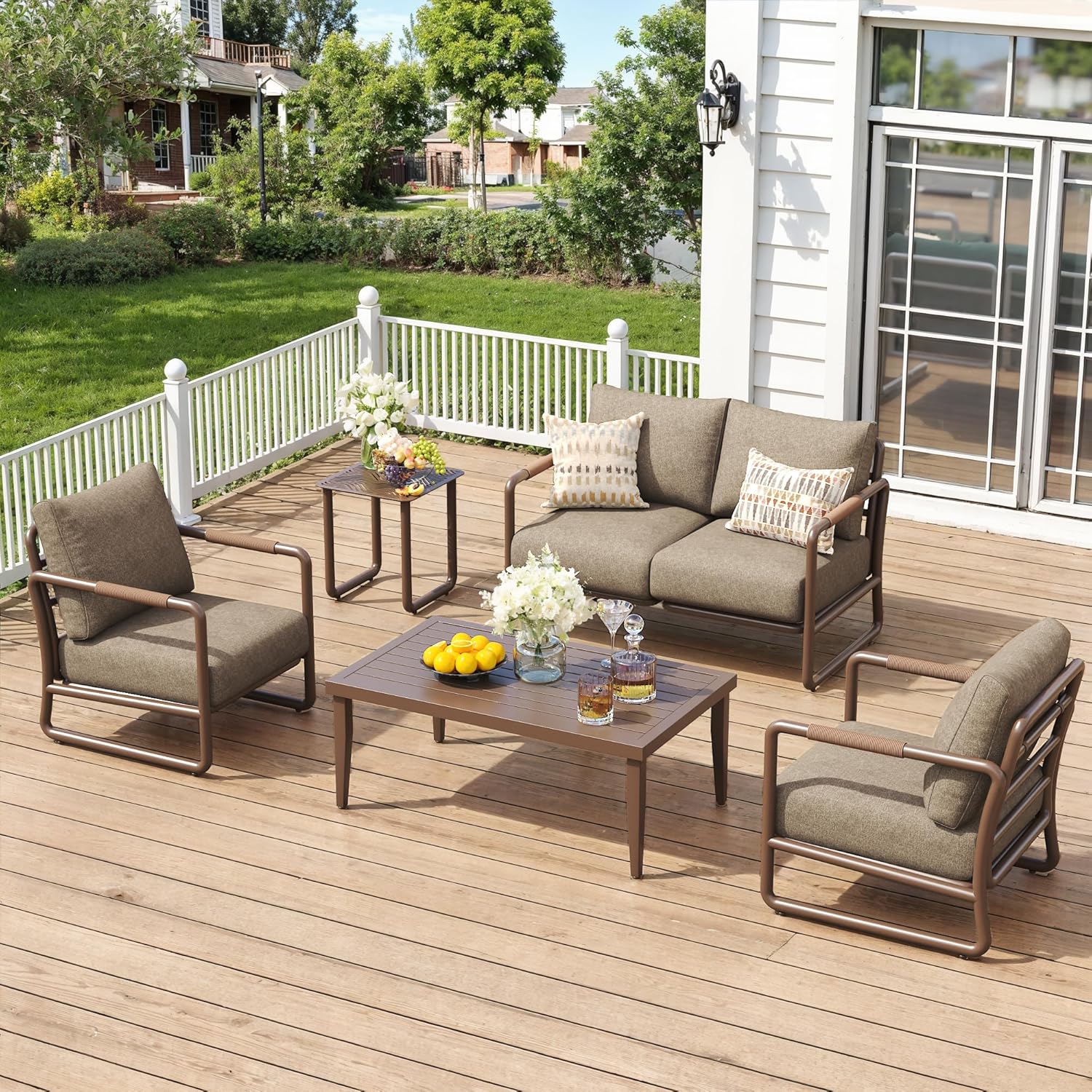 Aluminum Outdoor Patio Furniture Set, 6-Piece Conversation Sofa Set with Coffee Table, Thick Cushions & All-Weather Aluminum Frame, Modern Garden Seating for Backyard, Poolside, or Porch – Brown