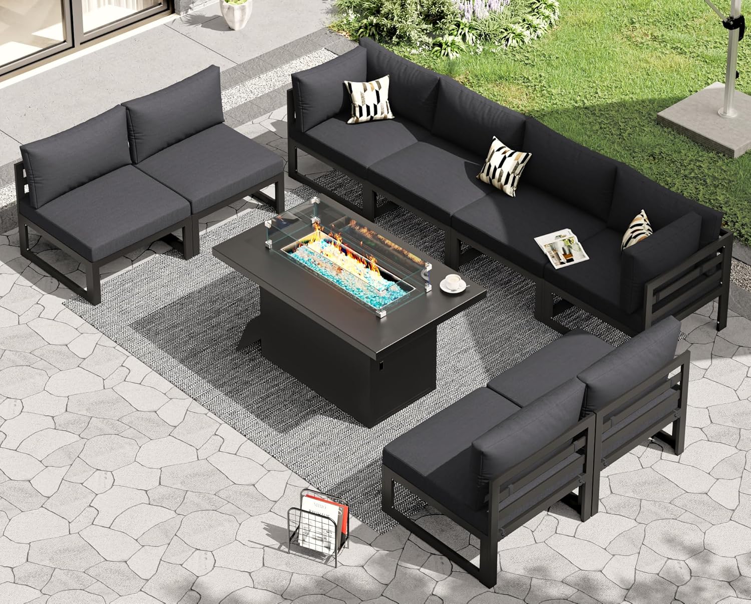 RADIATA 7 Piece Luxury Aluminum Outdoor Sectional Sofa with Fire Pit Table, Oversized L Shaped Patio Furniture Set, 29 inch Deep Wide Seating, 500 lbs Heavy Duty Comfy Conversation Set for Yard, White