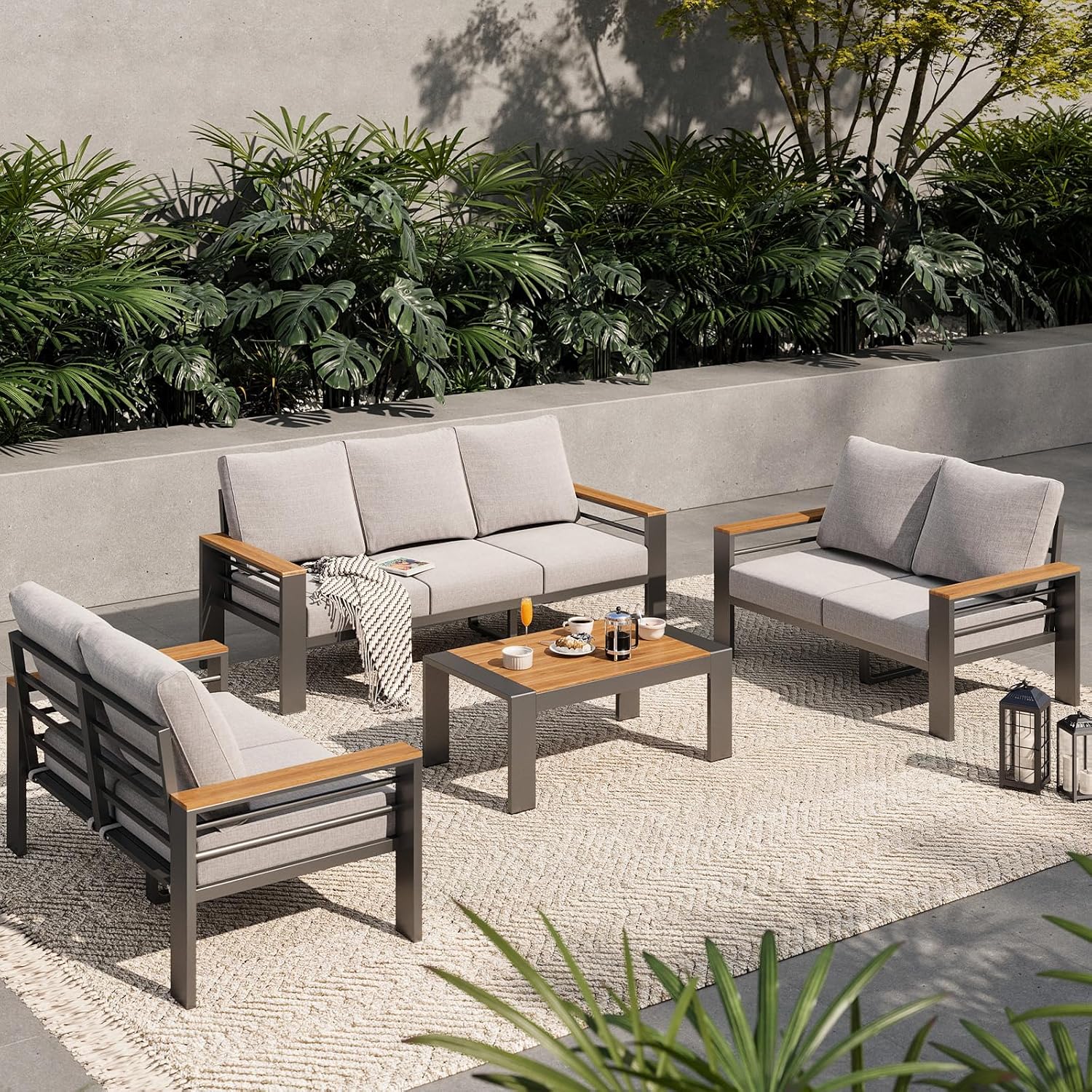 Aoxun Aluminum Outdoor Patio Furniture Set, 5 Seats Outdoor Sectional with Coffee Table, Patio Conversation Sets with Upgraded Armrests and Cushions for Backyard, Garden and Poolside