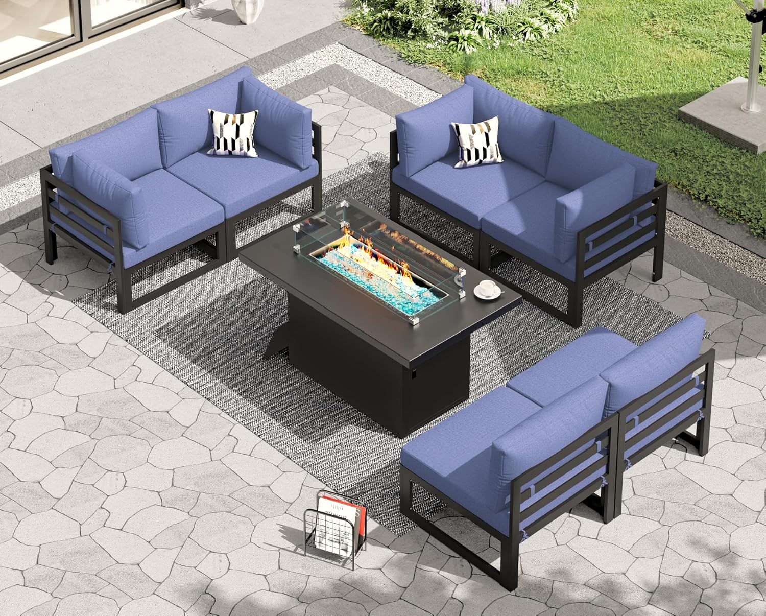RADIATA 7 Piece Luxury Aluminum Outdoor Sectional Sofa with Fire Pit Table, Oversized L Shaped Patio Furniture Set, 29 inch Deep Wide Seating, 500 lbs Heavy Duty Comfy Conversation Set for Yard, White