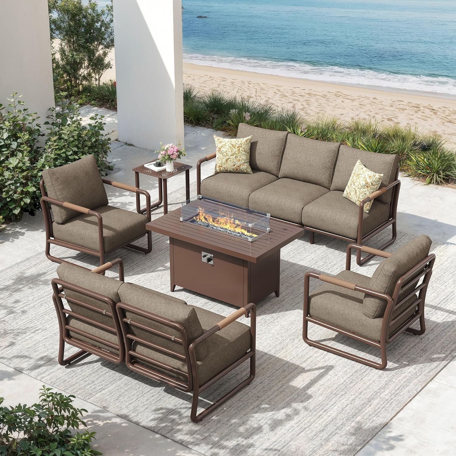Aluminum Outdoor Patio Furniture Set, 6-Piece Conversation Sofa Set with Coffee Table, Thick Cushions & All-Weather Aluminum Frame, Modern Garden Seating for Backyard, Poolside, or Porch – Brown