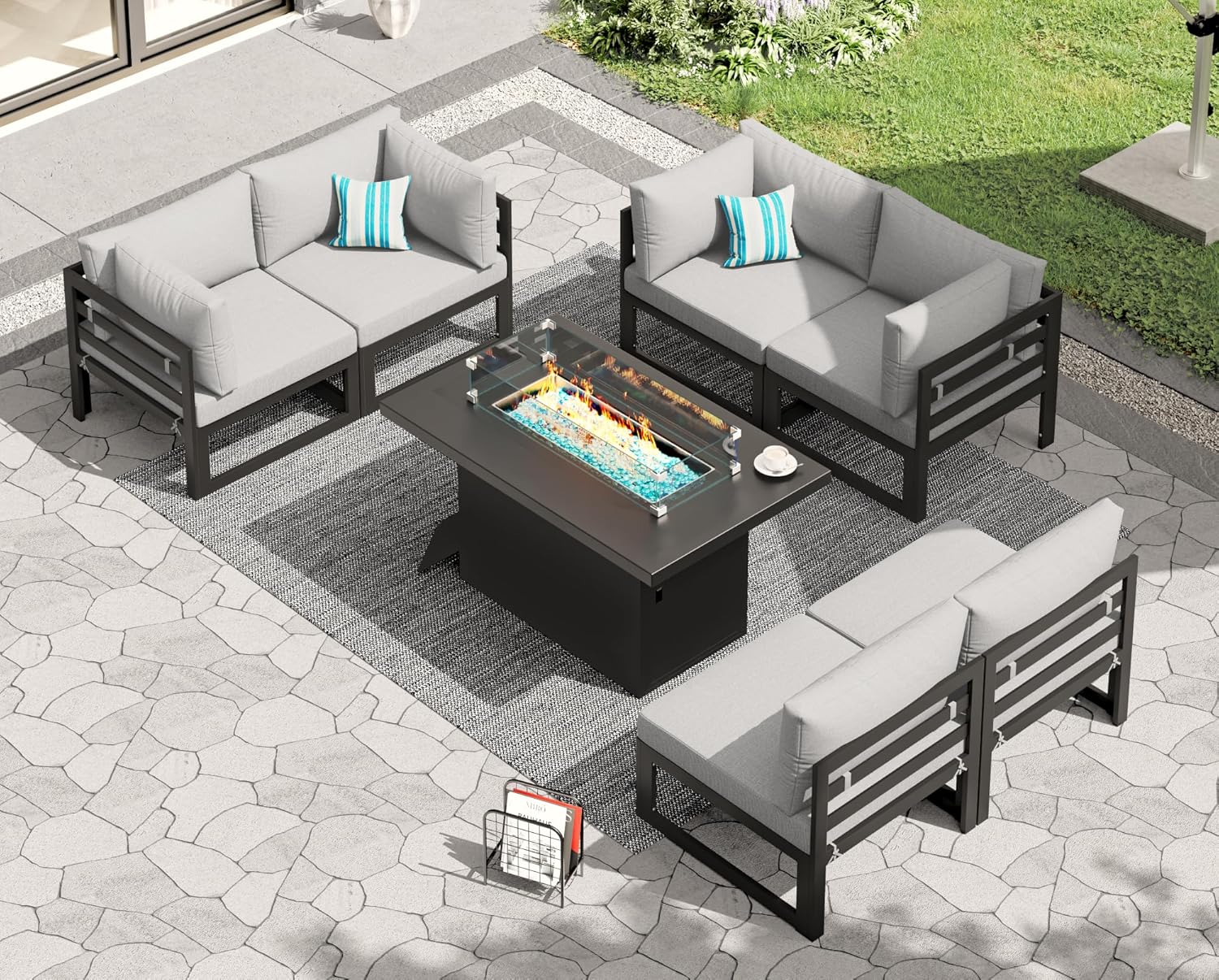 RADIATA 7 Piece Luxury Aluminum Outdoor Sectional Sofa with Fire Pit Table, Oversized L Shaped Patio Furniture Set, 29 inch Deep Wide Seating, 500 lbs Heavy Duty Comfy Conversation Set for Yard, White