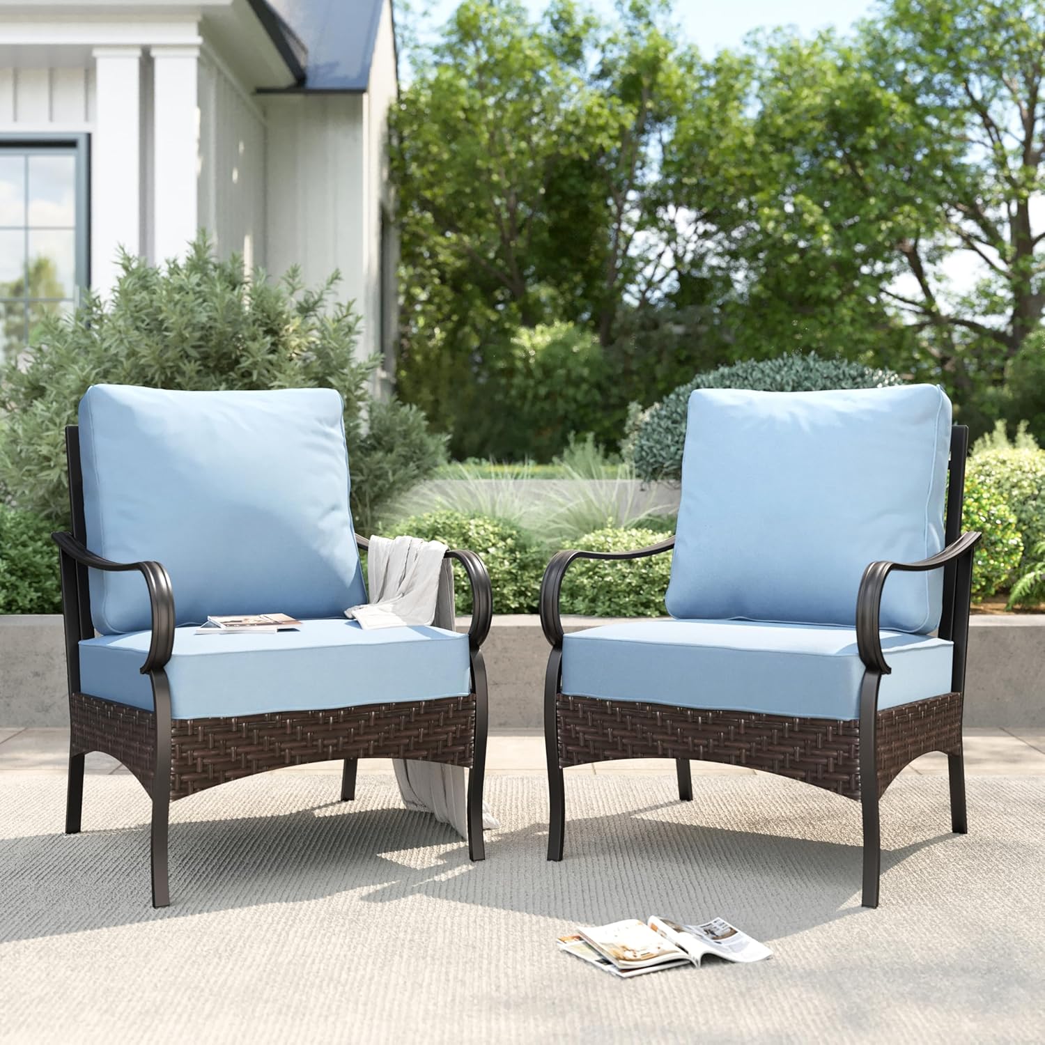 PHI VILLA Patio Rocking Chairs Set of 2, Outdoor Wicker Chairs with Thick Cushion, All Weather High Back Outdoor Furniture for Balcony Porch and Yard