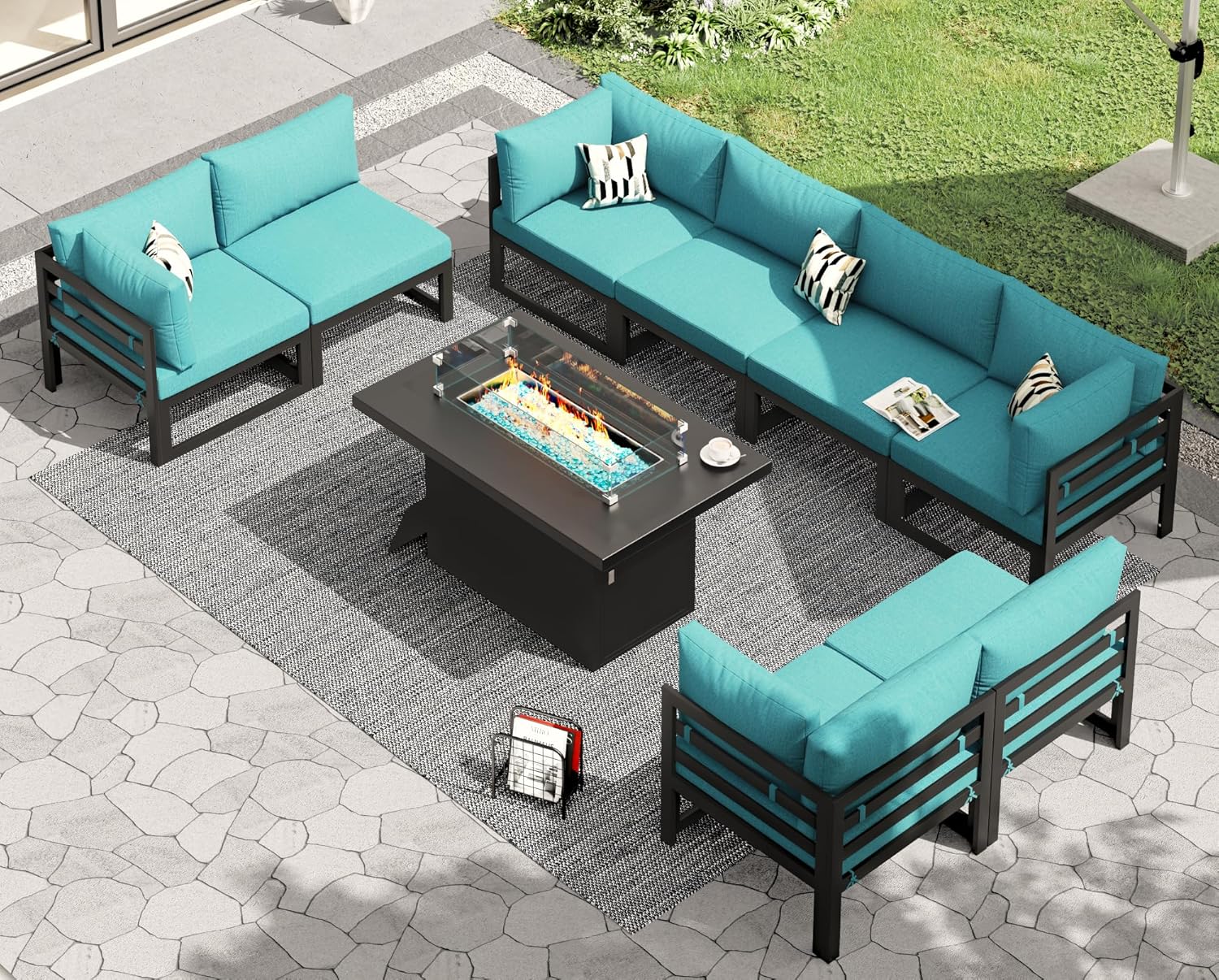 RADIATA 7 Piece Luxury Aluminum Outdoor Sectional Sofa with Fire Pit Table, Oversized L Shaped Patio Furniture Set, 29 inch Deep Wide Seating, 500 lbs Heavy Duty Comfy Conversation Set for Yard, White