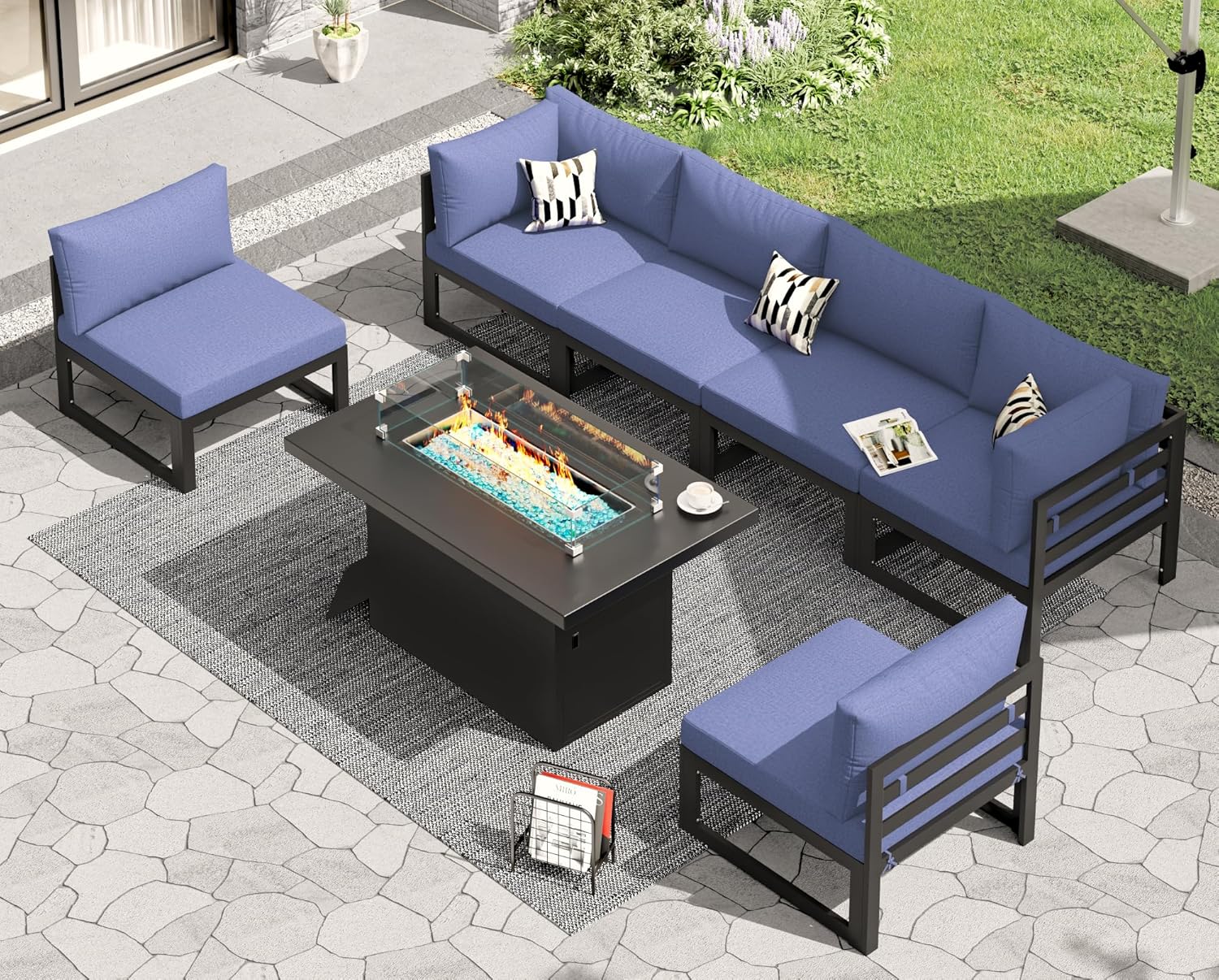 RADIATA 7 Piece Luxury Aluminum Outdoor Sectional Sofa with Fire Pit Table, Oversized L Shaped Patio Furniture Set, 29 inch Deep Wide Seating, 500 lbs Heavy Duty Comfy Conversation Set for Yard, White