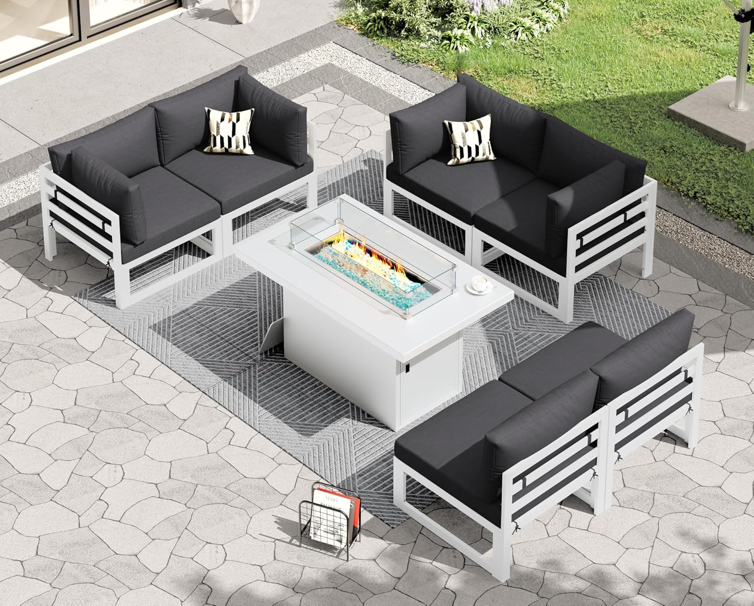 RADIATA 7 Piece Luxury Aluminum Outdoor Sectional Sofa with Fire Pit Table, Oversized L Shaped Patio Furniture Set, 29 inch Deep Wide Seating, 500 lbs Heavy Duty Comfy Conversation Set for Yard, White