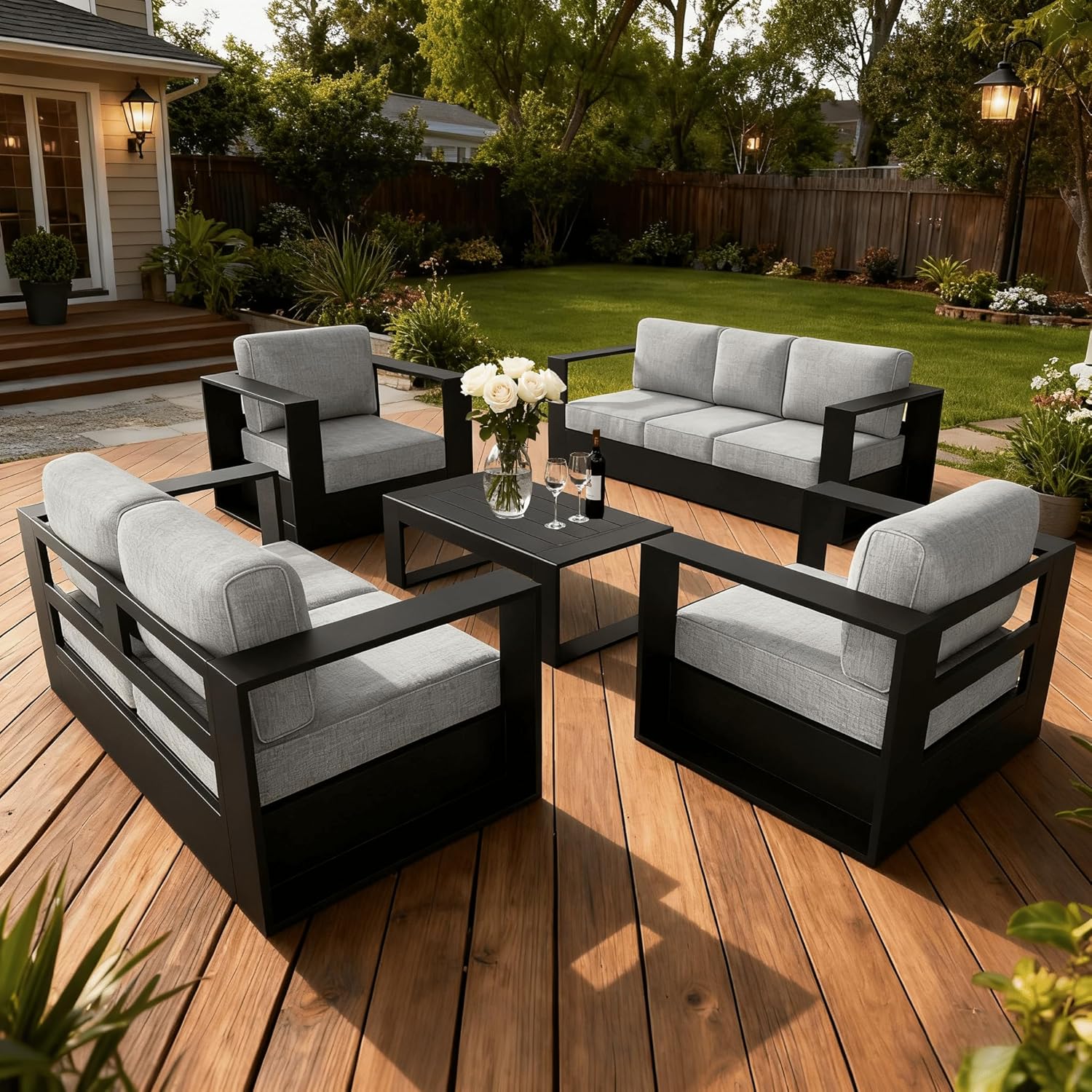 LayinSun Oversized Aluminum Outdoor Furniture Set, 5 Piece Patio Sofa Sets with Coffee Table, Deep Seating and Upgraded 6-inch Cushions for Porch, Balcony, Deck