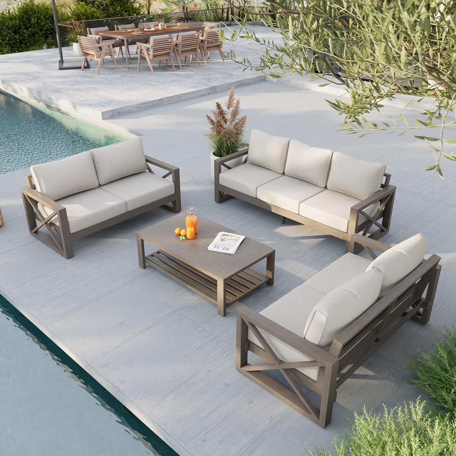 Amopatio Aluminum Patio Furniture Set with Fire Pit, 8 Pcs Metal Patio Sofa Couch Sets with Aluminum Fire Pit Table, Modern Outdoor Furniture with 6" Cushion, Dark Grey (Included Waterproof Covers)