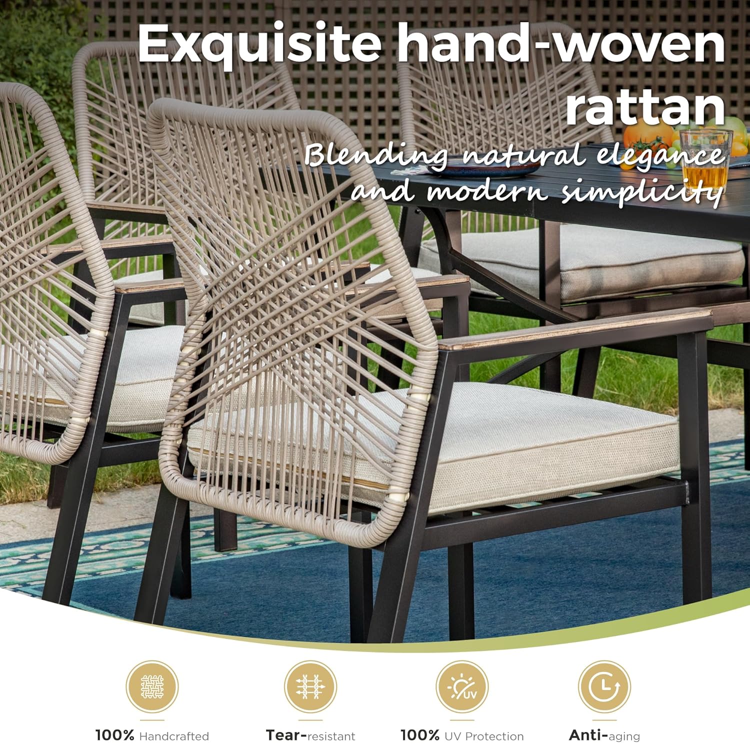 Patio Wicker Chair Sets of 2, Outdoor Dining Chairs with 3.1 inch Seat Cushions, Sturdy Metal Frame & Wood Grain Armrest, Patio Dining Chairs for Porch Backyard, Beige