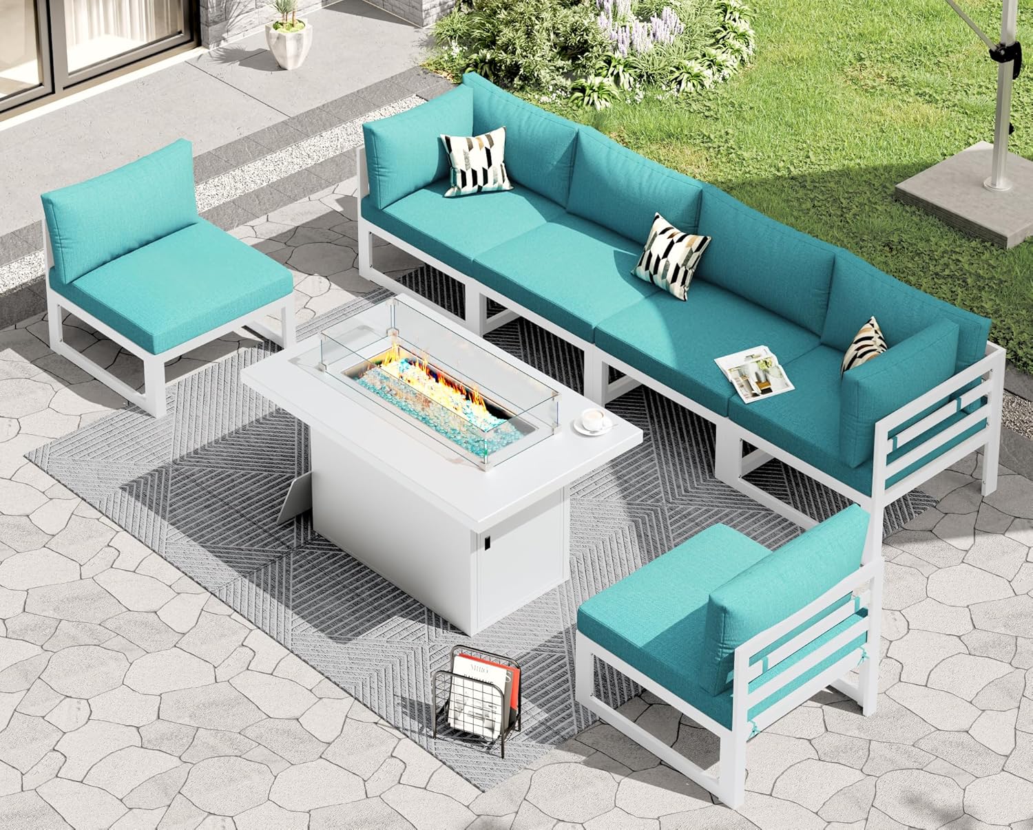 RADIATA 7 Piece Luxury Aluminum Outdoor Sectional Sofa with Fire Pit Table, Oversized L Shaped Patio Furniture Set, 29 inch Deep Wide Seating, 500 lbs Heavy Duty Comfy Conversation Set for Yard, White