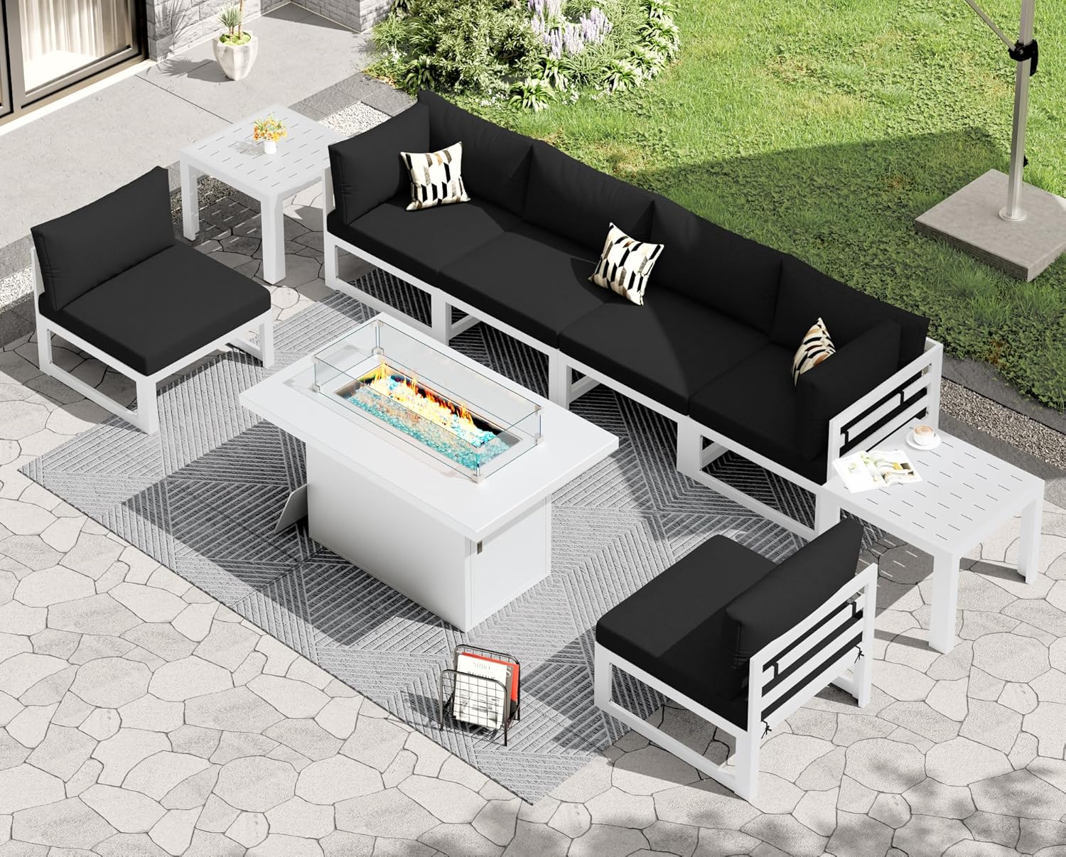 RADIATA 7 Piece Luxury Aluminum Outdoor Sectional Sofa with Fire Pit Table, Oversized L Shaped Patio Furniture Set, 29 inch Deep Wide Seating, 500 lbs Heavy Duty Comfy Conversation Set for Yard, White