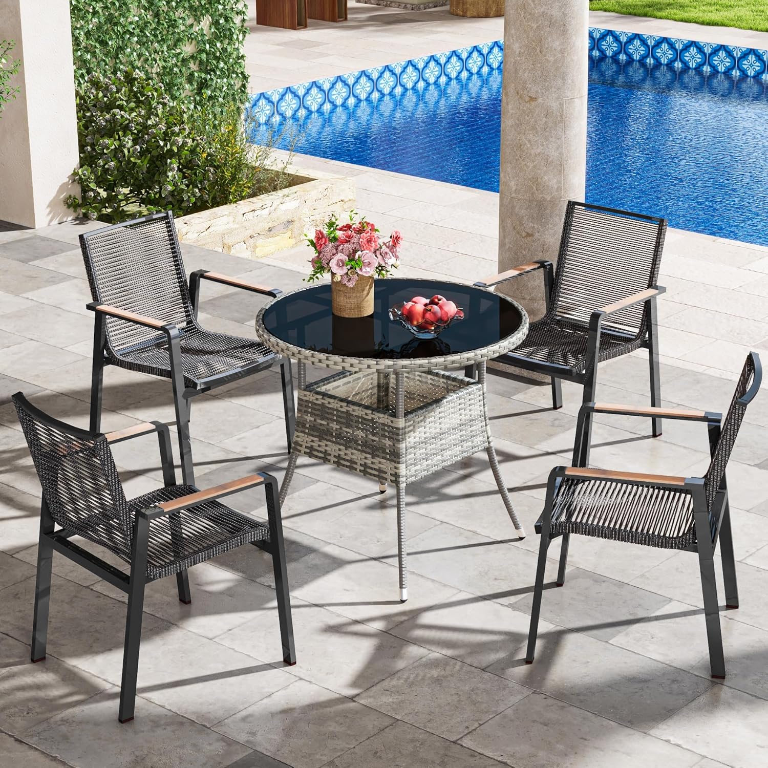 YITAHOME Outdoor Dining Table Round for 4 31.5" Patio Dining Table with Easy-to-Clean Glass Tabletop, All-Weather Rattan Bistro Table Round for Backyard Deck Porch Poolside, Gray