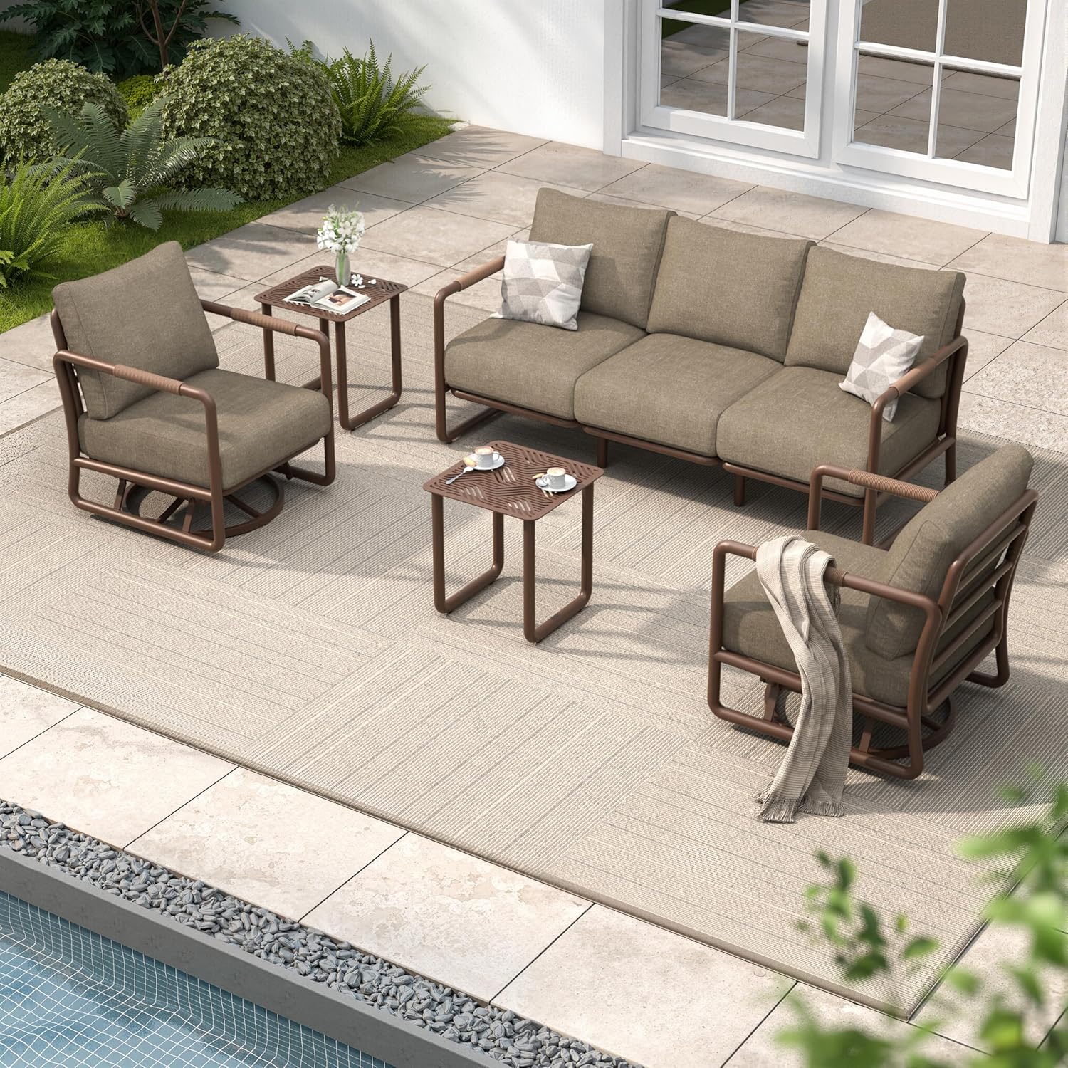 Aluminum Outdoor Patio Furniture Set, 6-Piece Conversation Sofa Set with Coffee Table, Thick Cushions & All-Weather Aluminum Frame, Modern Garden Seating for Backyard, Poolside, or Porch – Brown