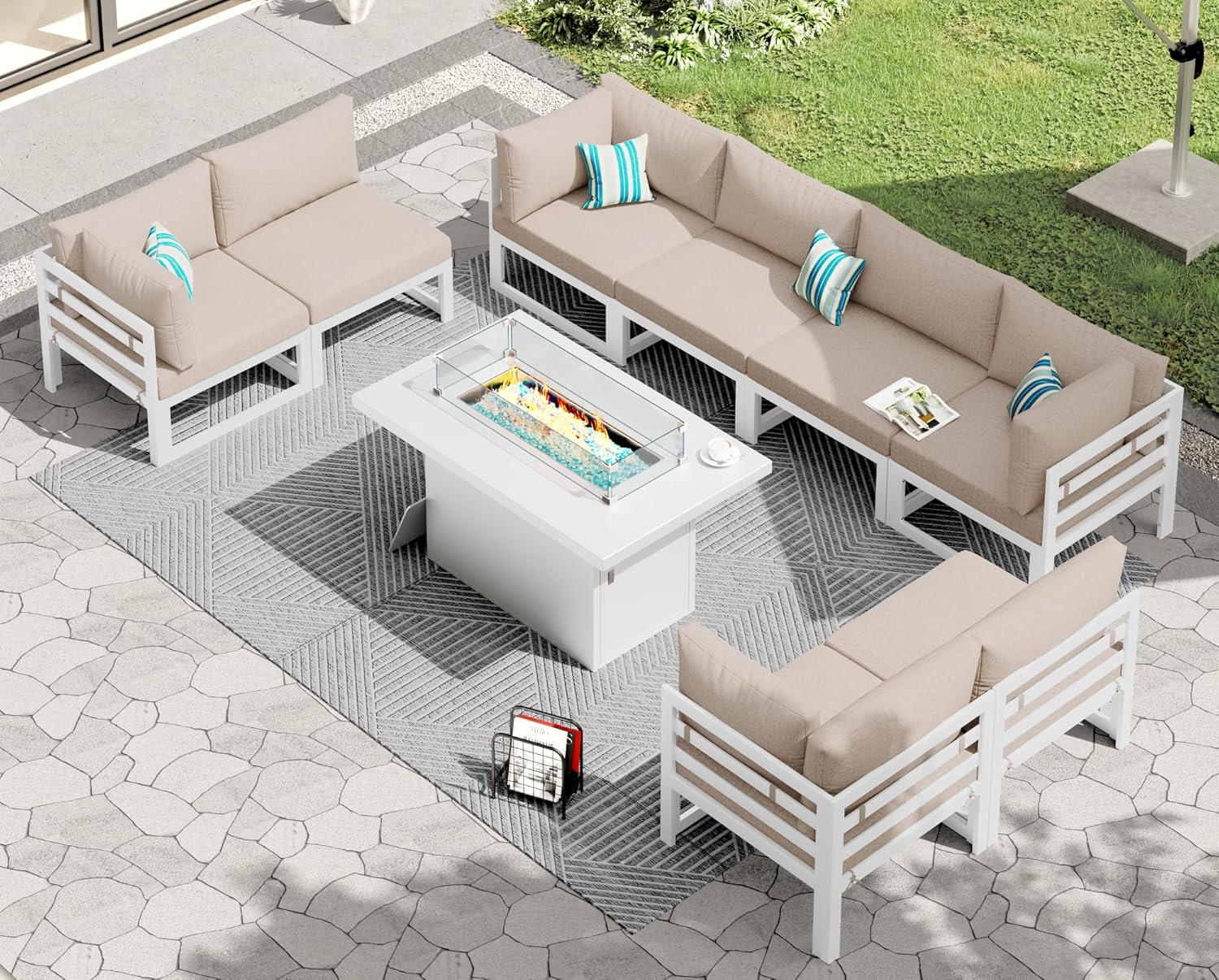 RADIATA 7 Piece Luxury Aluminum Outdoor Sectional Sofa with Fire Pit Table, Oversized L Shaped Patio Furniture Set, 29 inch Deep Wide Seating, 500 lbs Heavy Duty Comfy Conversation Set for Yard, White